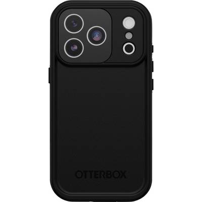 Zwarte OtterBox telefoonhoesje aan de achterkant met een grote drievoudige lensuitsnijding en zijknopafdekking.