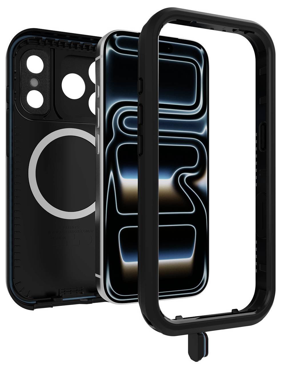 Explodeerde weergave van een zwart smartphonehoesje met drie lagen: achterschaal met cameragedeelten, binnenste inzet en buitenste beschermframe.