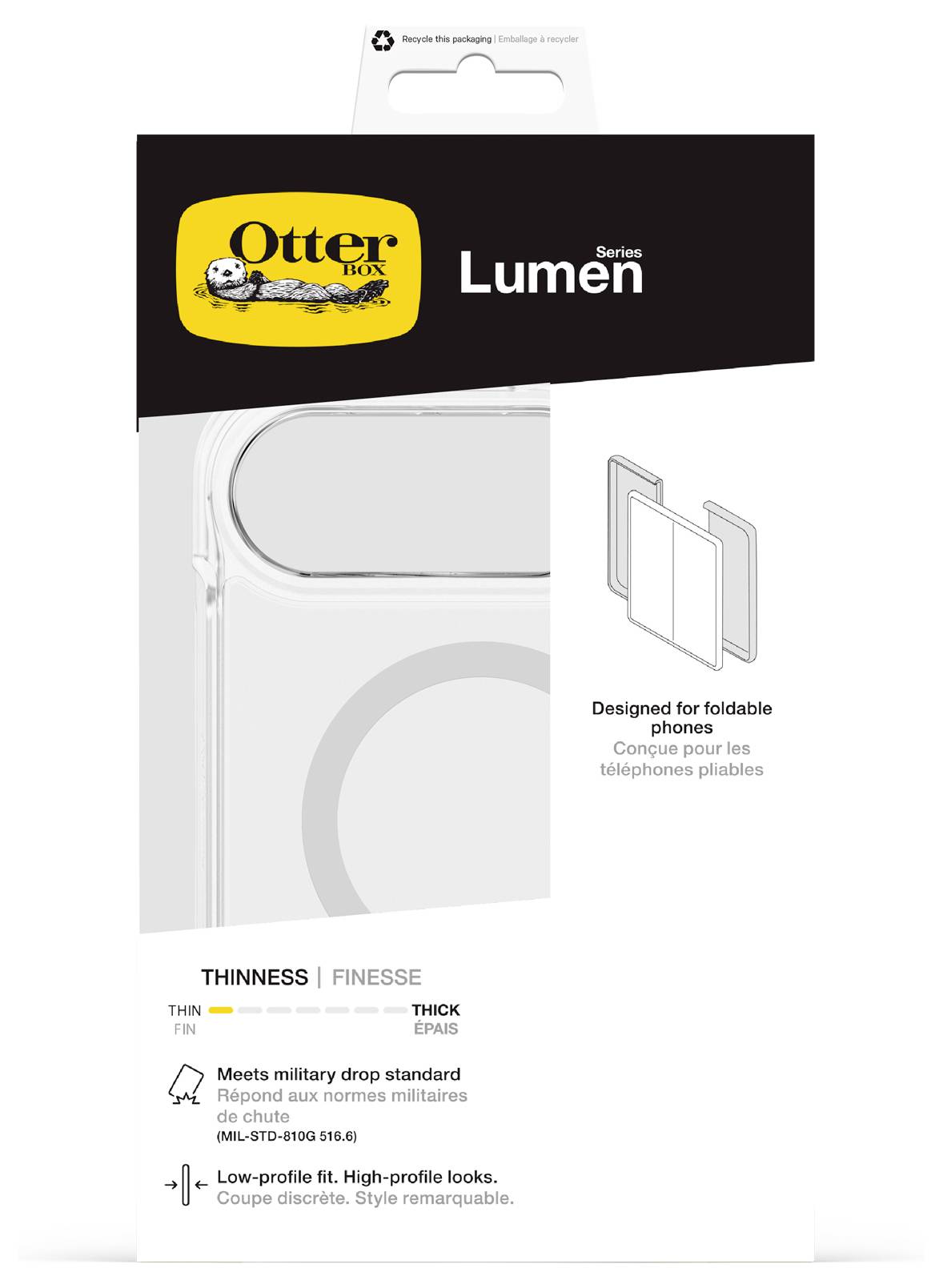 Productaanbaching voor OtterBox Lumen Series telefoonhoesje, gelabeld 'Ontworpen voor opvouwbare telefoons,' met pictogrammen die dunne uitvoering, militaire valbestendigheid en laag profiel-stijl benadrukken.