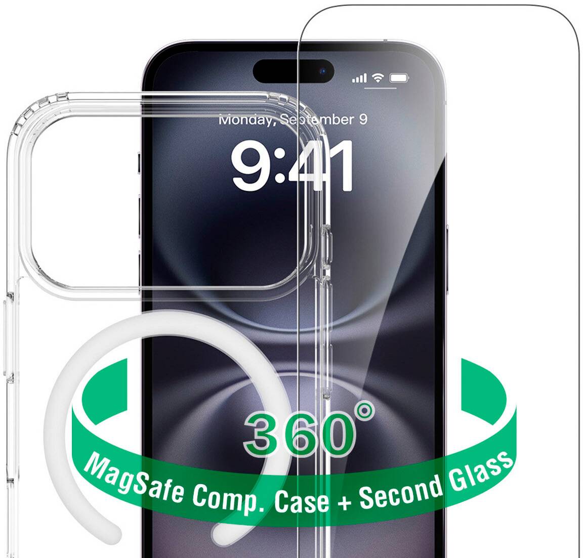 Een iPhone weergegeven met een transparante MagSafe-compatibele hoes en screenprotector, gelabeld '360 MagSafe Comp. Case + Second Glass'.