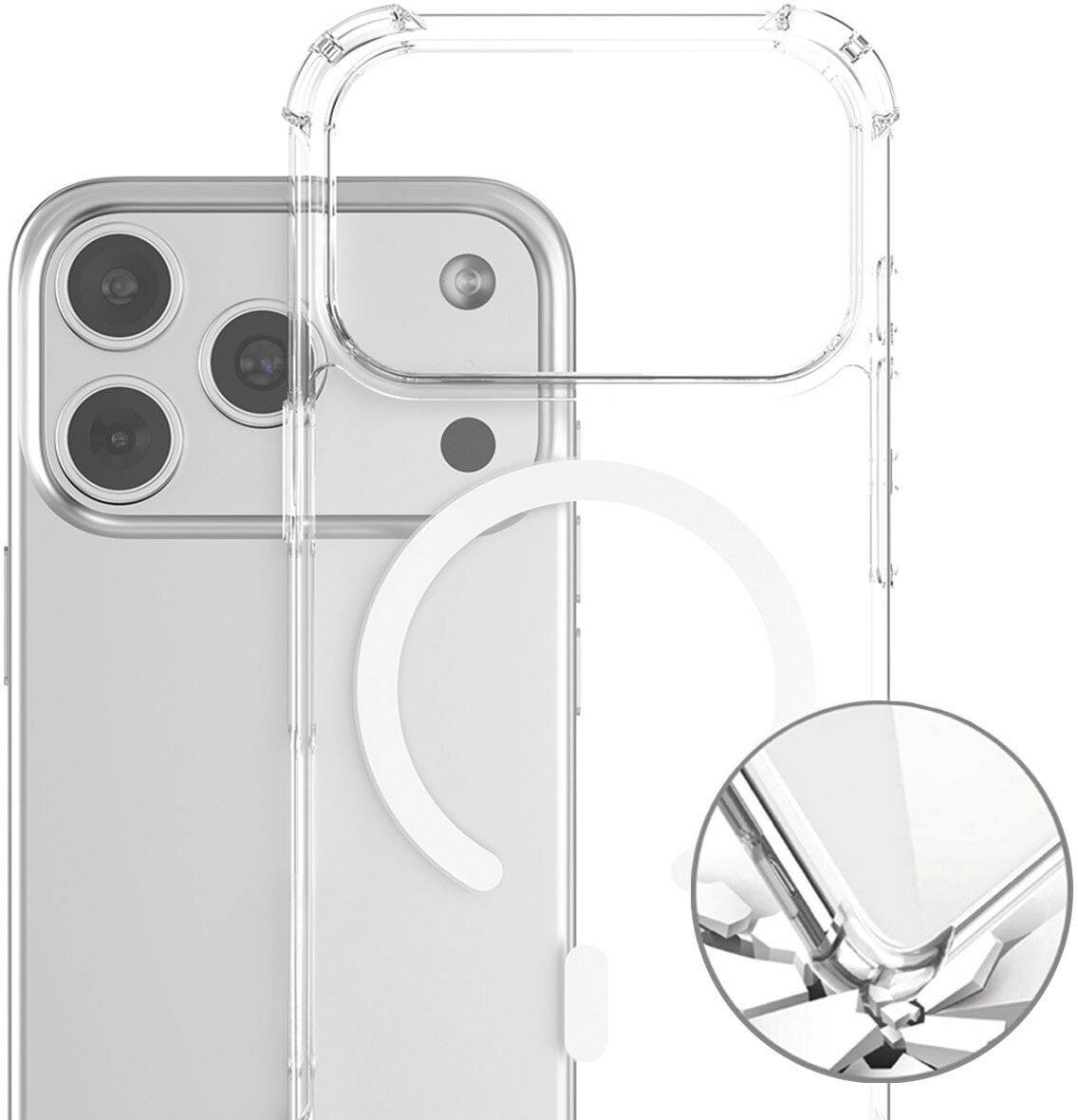 Duidelijk beschermhoesje voor telefoon weergegeven op een iPhone, met een circulaire MagSafe-ring en een vergrote hoekdetail die verstevigde valbeveiliging benadrukt.
