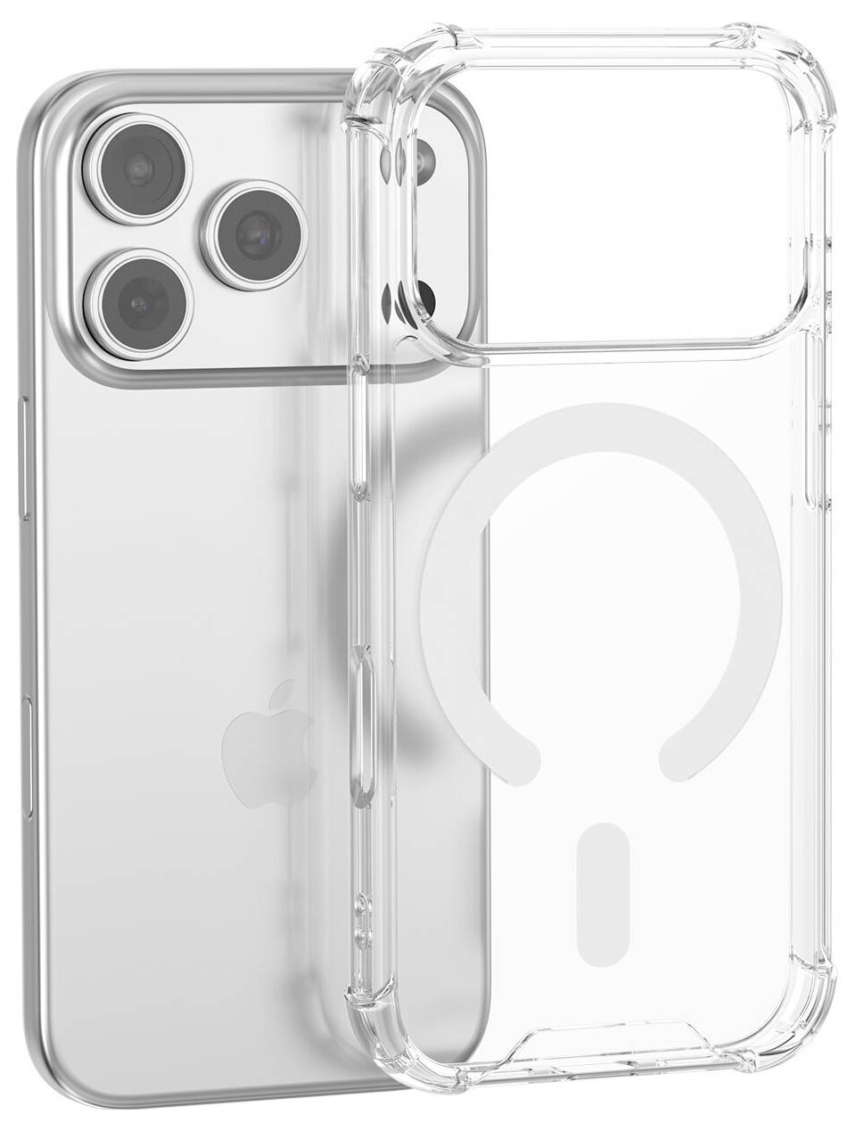 Helder beschermhoesje voor telefoon getoond voor een zilverkleurige iPhone met drie achteraamera's, benadrukt MagSafe-compatibiliteit en camerabescherming.