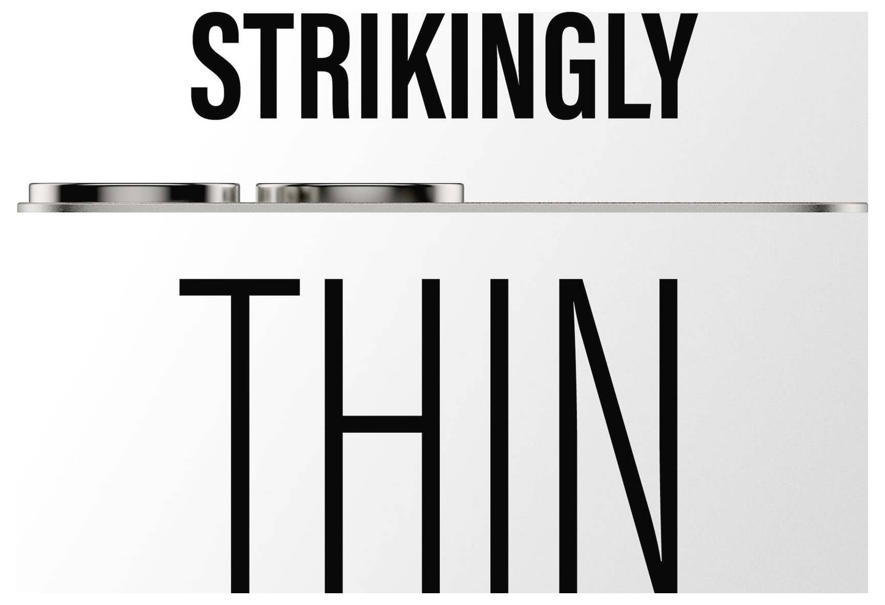 Productadvertentie met een zijafbeelding van een uiterst dun apparaat met de woorden 'OPVALLEND DUN' in vetgedrukte tekst.