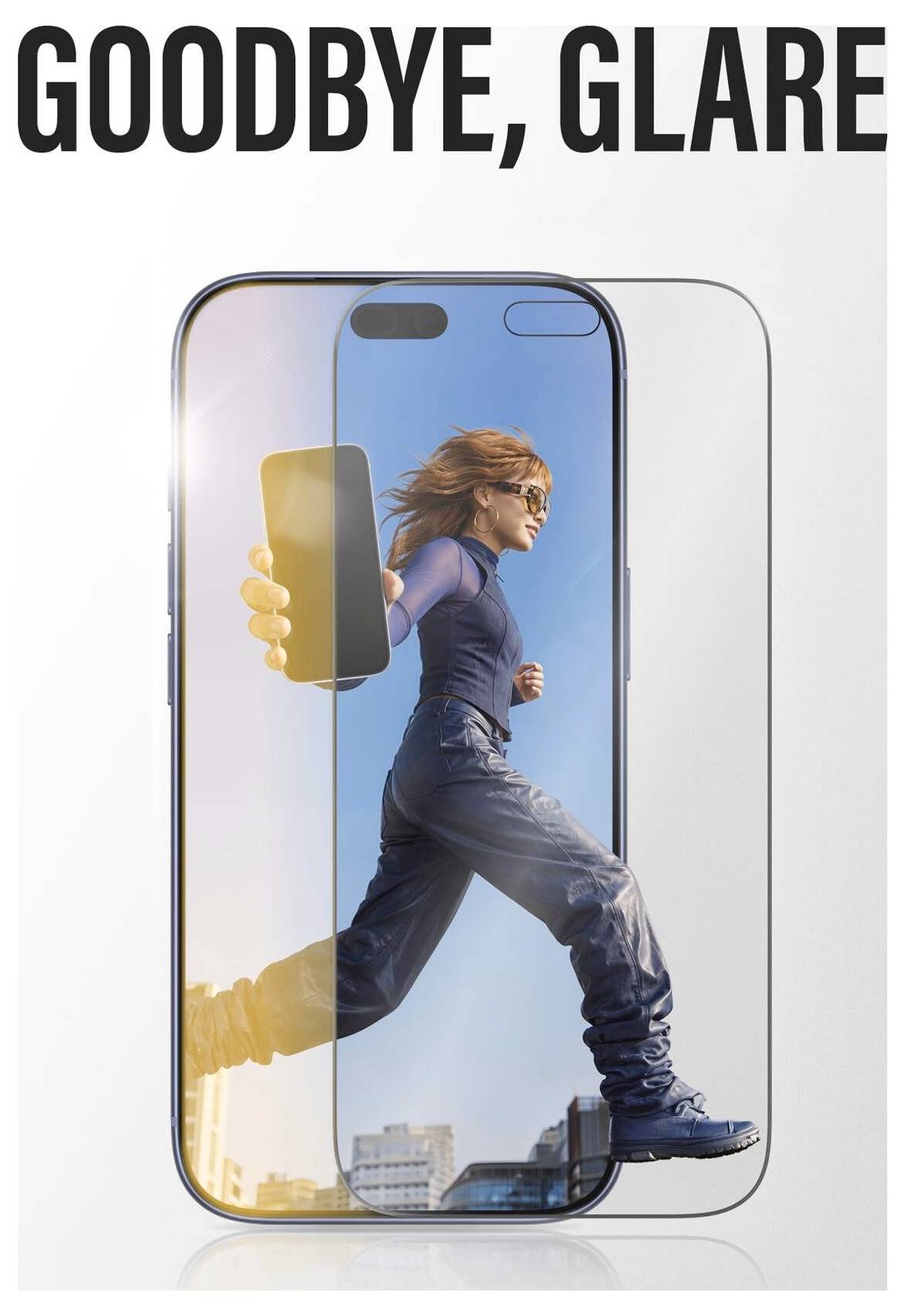VAARWEL, GLANS<br><br>boven een smartphone met verminderde reflecties en glans op het scherm.