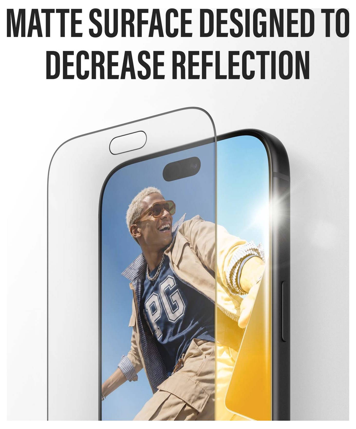 Smartphoneschermbeveiliging met matte oppervlak ontworpen om reflectie te verminderen, getoond over een telefoonscherm met verminderde glans.