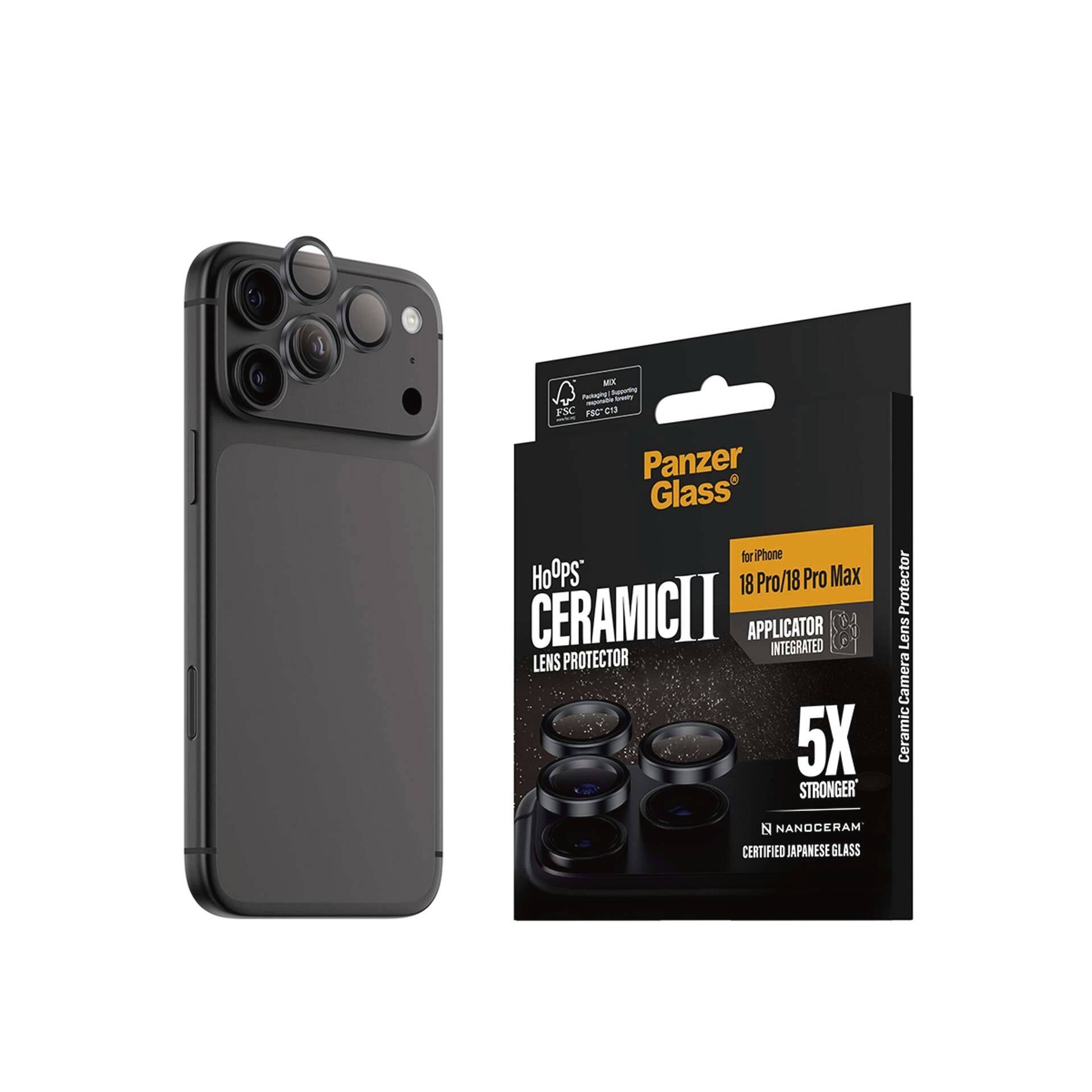 Zwarte iPhone met drievoudige camera naast PanzerGlass HoOps Ceramic II lensprotector verpakking voor iPhone 18 Pro/18 Pro Max, gelabeld 5X sterker.