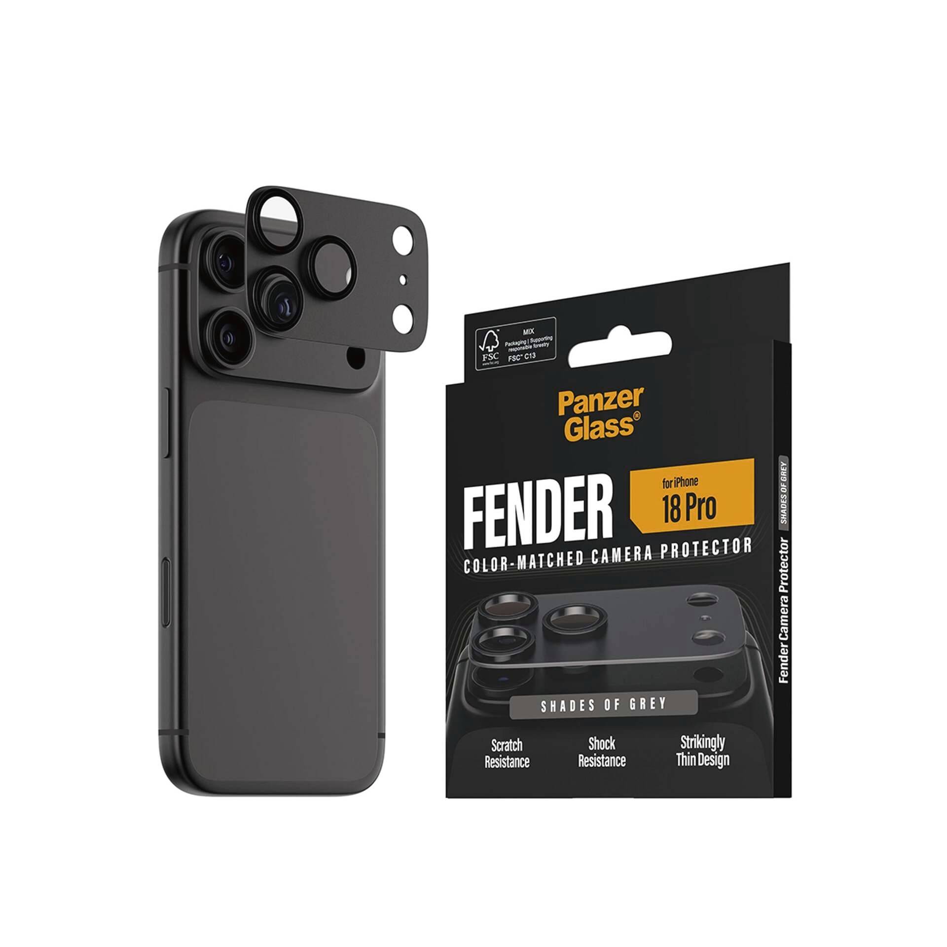 iPhone 18 Pro camerabeschermer in grijstinten, getoond met een bijpassende zwarte telefoonhoes en PanzerGlass Fender productverpakking.