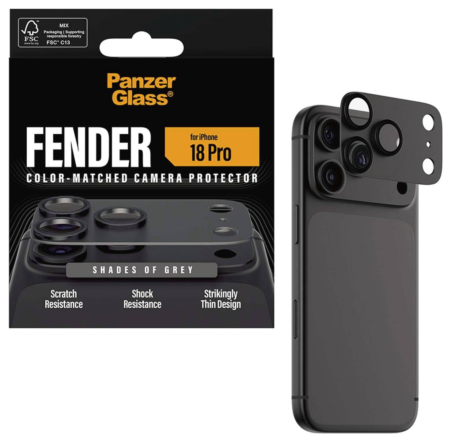 Verpakking en productafbeelding voor PanzerGlass Fender kleurafgestemde camerabeschermer voor iPhone 18 Pro, in grijstinten, met nadruk op krasbestendigheid, schokbestendigheid en dun ontwerp.