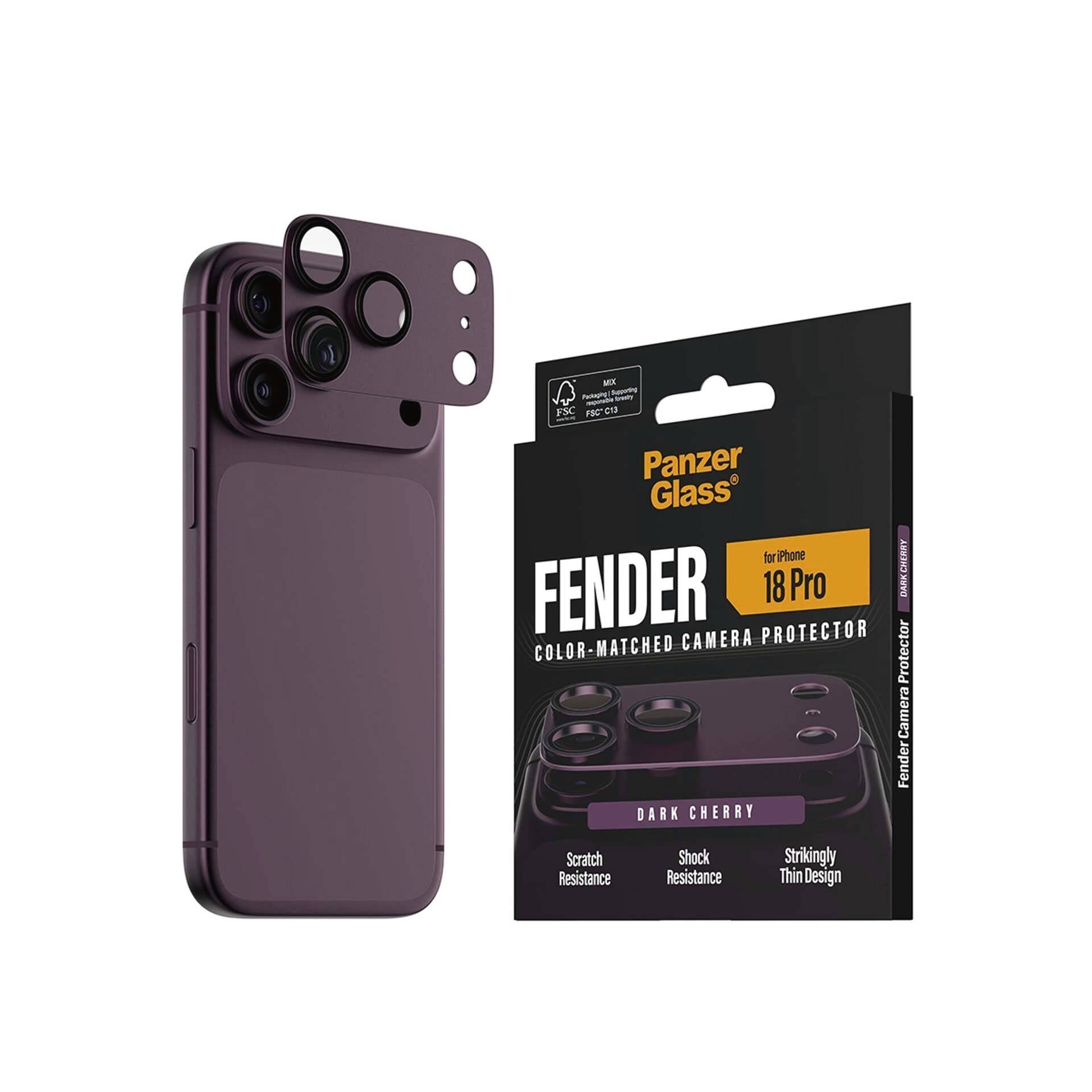 Donkerkersenrode iPhone 18 Pro camerabeschermingshoes naast PanzerGlass Fender-verpakking, met zichtbare lensopeningenuitsnijdingen en productmerkbranding.