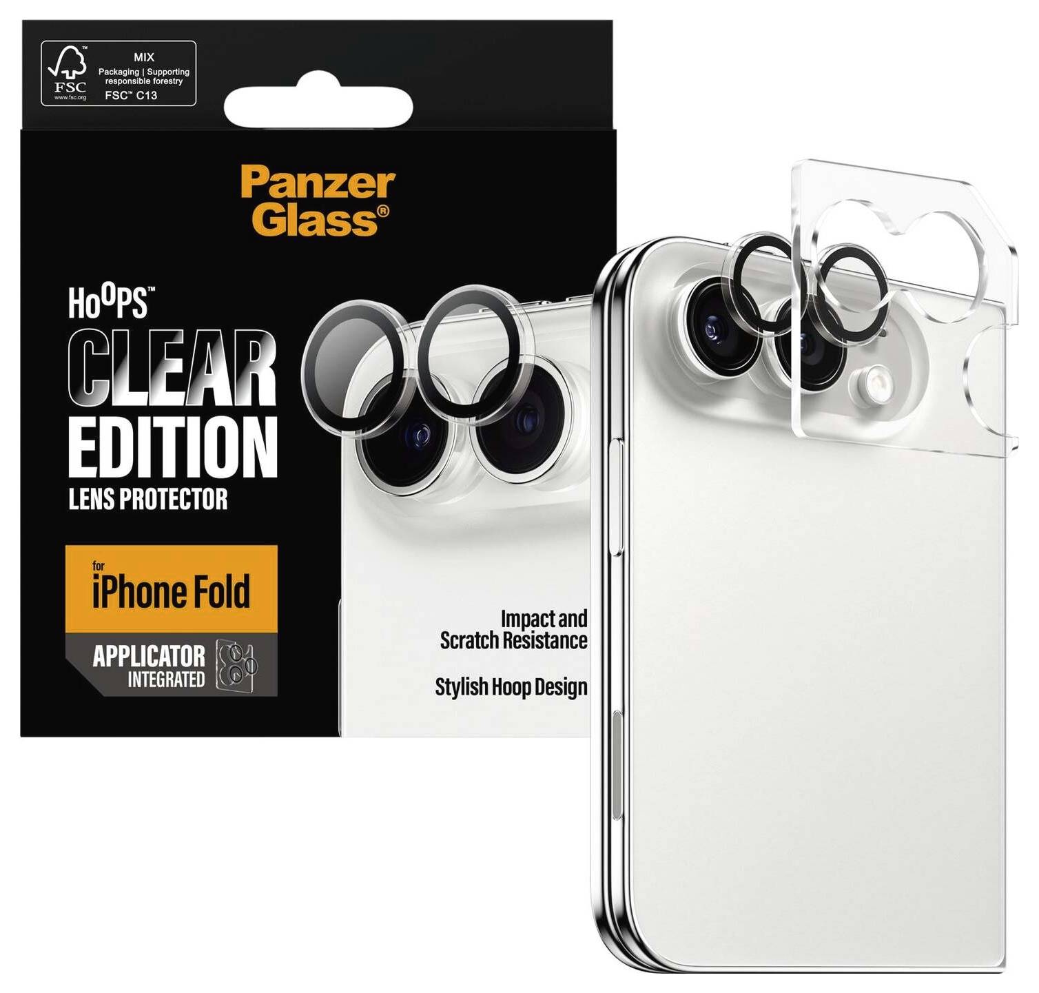 Verpakking en productafbeelding voor PanzerGlass HoOps Clear Edition lensprotector voor iPhone Fold, met duidelijke cameralenshoezen met geïntegreerde applicator en notities 'Impact- en kratbestendigheid' en 'Stijlvol Hoop Design'.