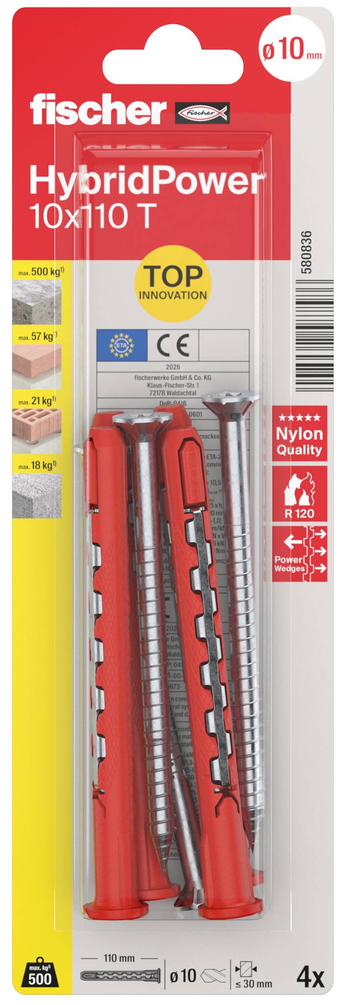 Pakket fischer HybridPower 10x110 T wandankers, met twee rode ankers en labels voor topinnovatie, nylonkwaliteit en 4x hoeveelheid.