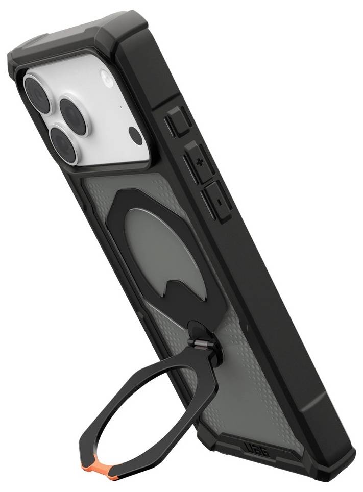 Zwarte robuuste smartphone-beschermhoes met verhoogde camerabescherming, zijknoppen en een ingebouwde ringstandaard voor vingers.
