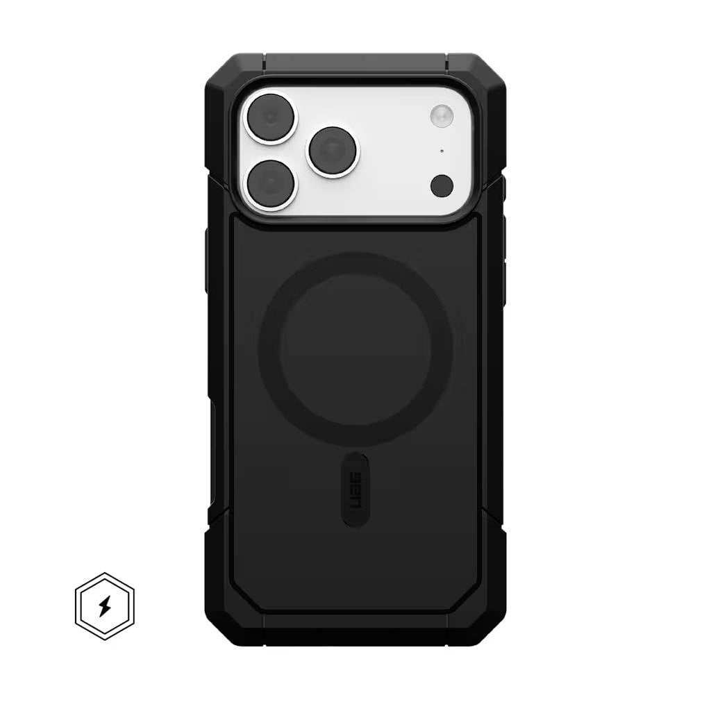 Zwart robuust telefoonhoesje met ingebouwde magnetische laadring, getoond van achteren op een witte achtergrond.