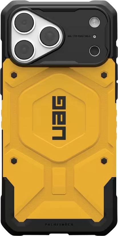 Oranje en zwart robuust UAG telefoonhoesje met driedubbele cameralens-uitsparing en gecentreerd UAG-logo