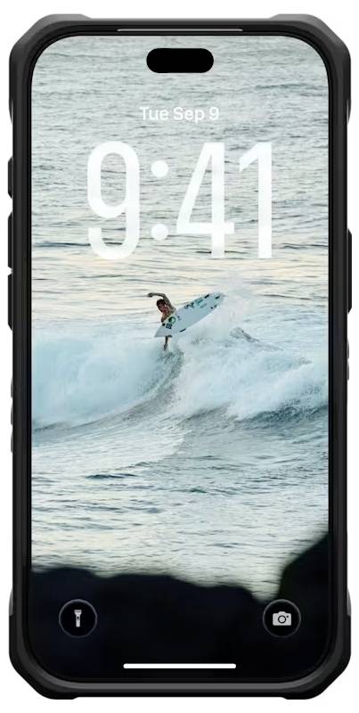Smartphoneschermvergrendeling met een surfer die op een golf rijdt, met de datum 'di 9 sep' en het tijdstip 9:11 weergegeven over een oceanusachtergrond.