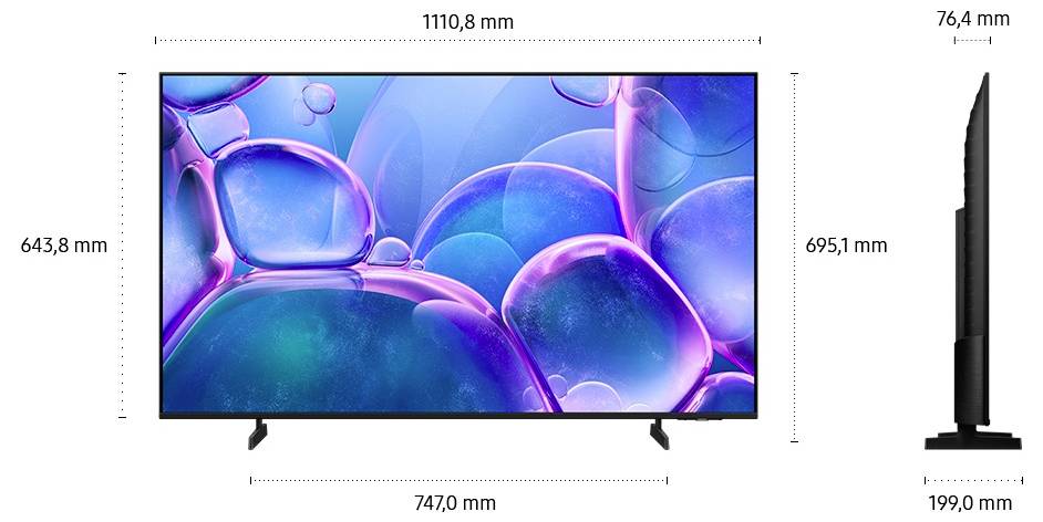 Flatscreen-tv weergegeven met afmetingsmarkeringen, met een breedte van 1110,8 mm, een hoogte van 643,8 mm, 695,1 mm met standaard, en een diepte van 199,0 mm.