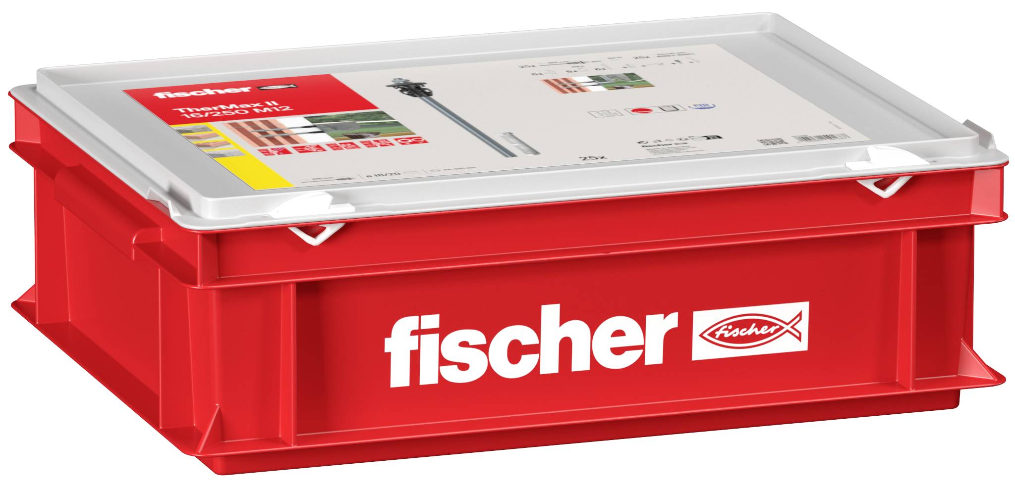 Rode kunststof opslagkrat met witte deksel gelabeld 'fischer', weergegeven onder een hoek op een witte achtergrond.