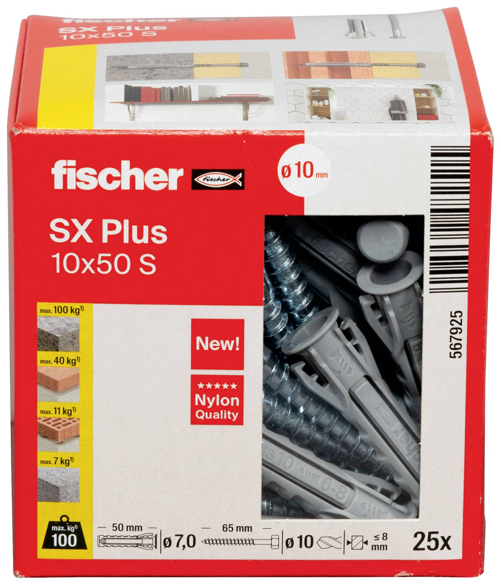 Fischer SX Plus 10x50 S wandstekker doos, gelabeld voor 10 mm boorgaten, 25 stuks, met nylon ankers en schroeven voor bevestiging in massieve en holle wanden.