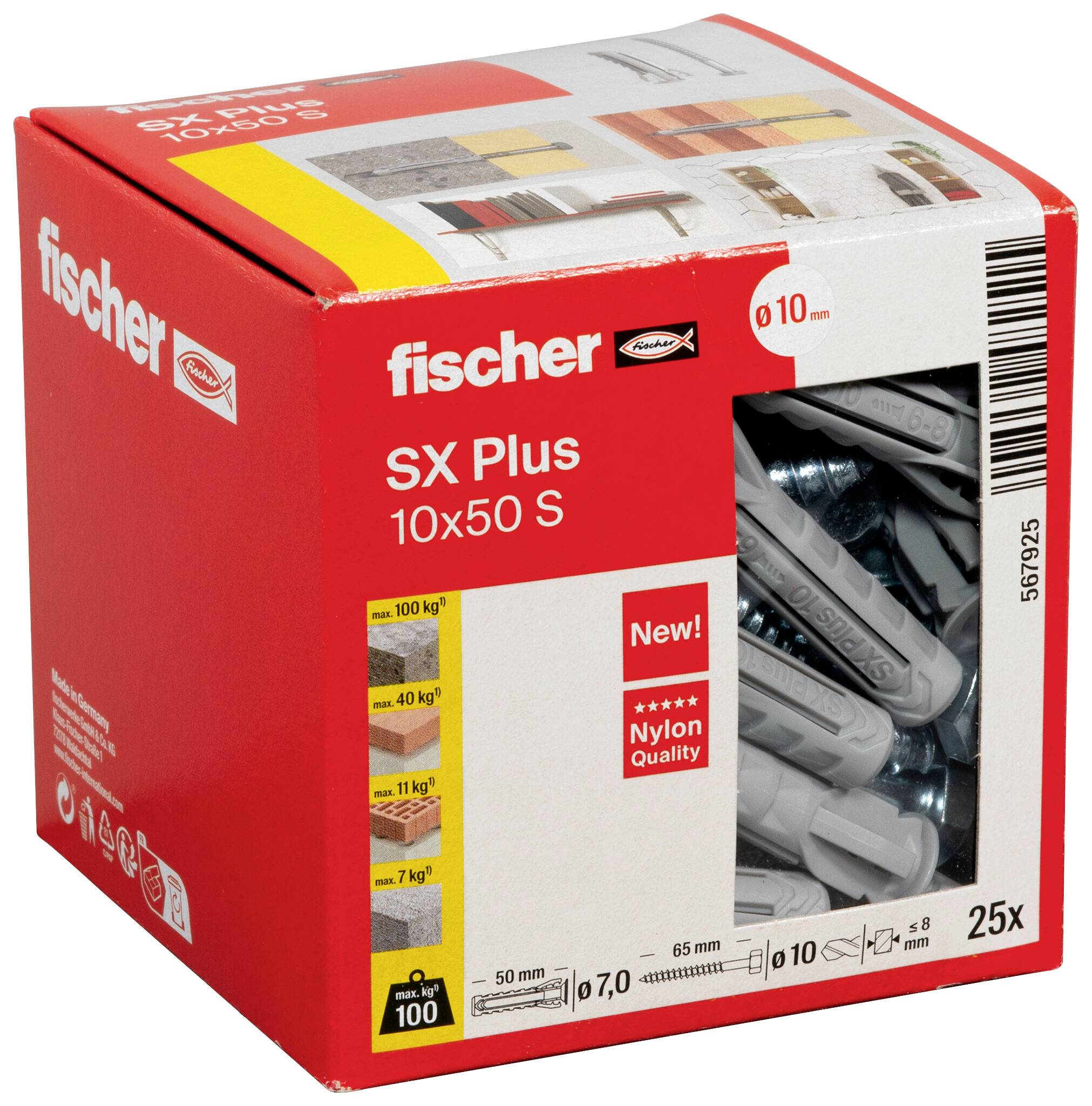 Red Fischer SX Plus 10x50 S wandplugdoos met een helder raam waarin grijze nylon ankers zichtbaar zijn, gelabeld '25x' en '10 mm'.