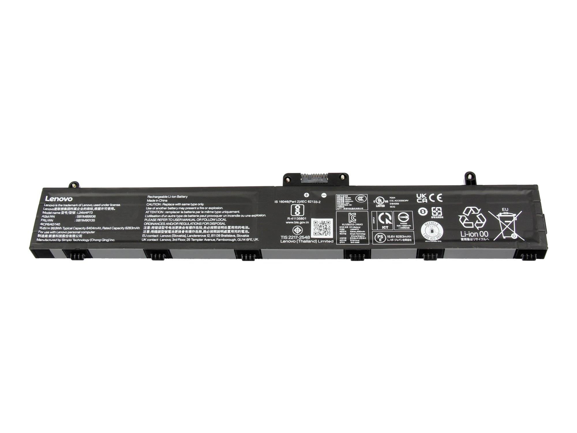 Lange zwarte Lenovo-laptopbatterij met gedrukte veiligheidsetiketten en pictogrammen op een witte achtergrond.