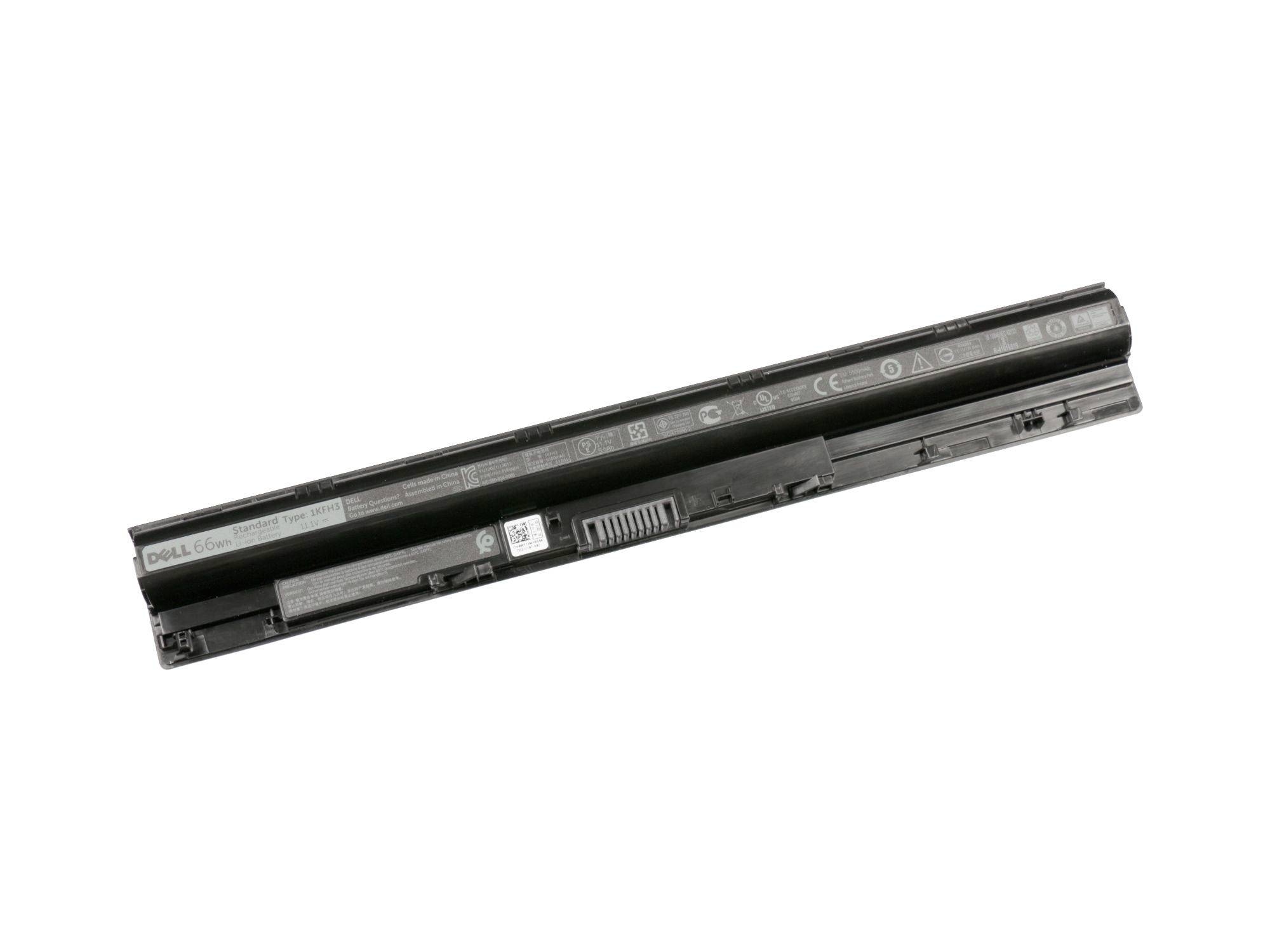 Zwarte laptopbatterijpack schuin weergegeven op een witte achtergrond.