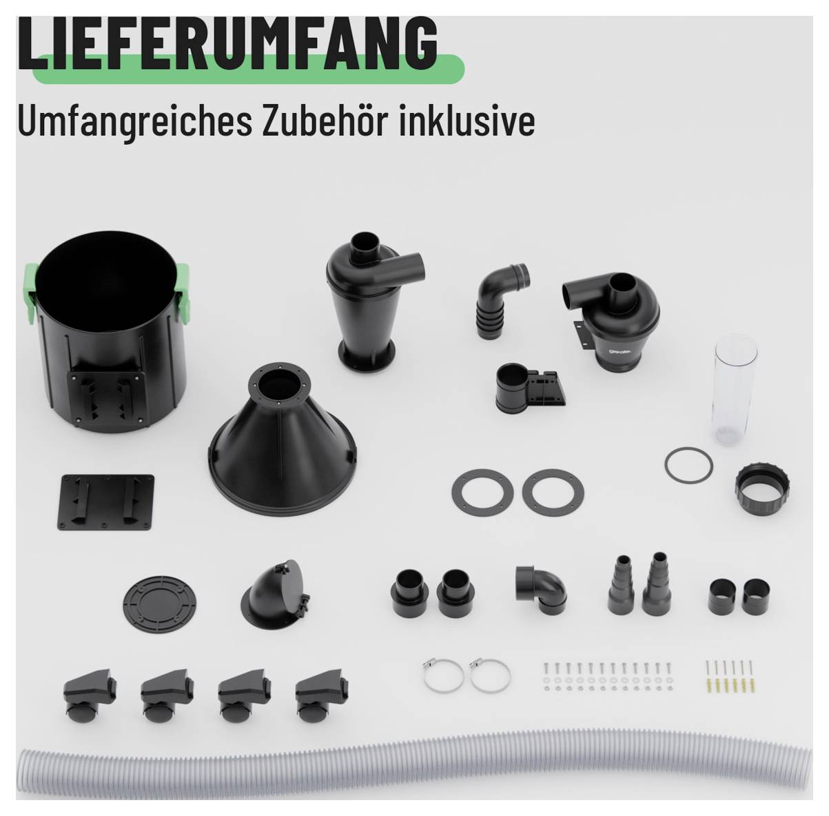 Accessoirepakket weergegeven op een witte achtergrond, inclusief meerdere zwarte kunststoffen fittingen, klemmen, ringen, schroeven en een flexibele slang; de tekst luidt 'LIEFERUMFANG' en 'Uitgebreid accessoire inbegrepen'.