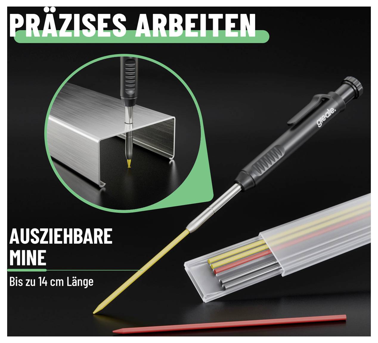 Promotionafbeelding van een mechanisch potlood met uitgeschoven potloodstift, waarbij nauwkeurig werk wordt getoond; Nederlandse tekst luidt 'NAUWKEURIG WERKEN' en 'UITSCHUIFBARE MIJN TOT 14 cm LENGTE'.