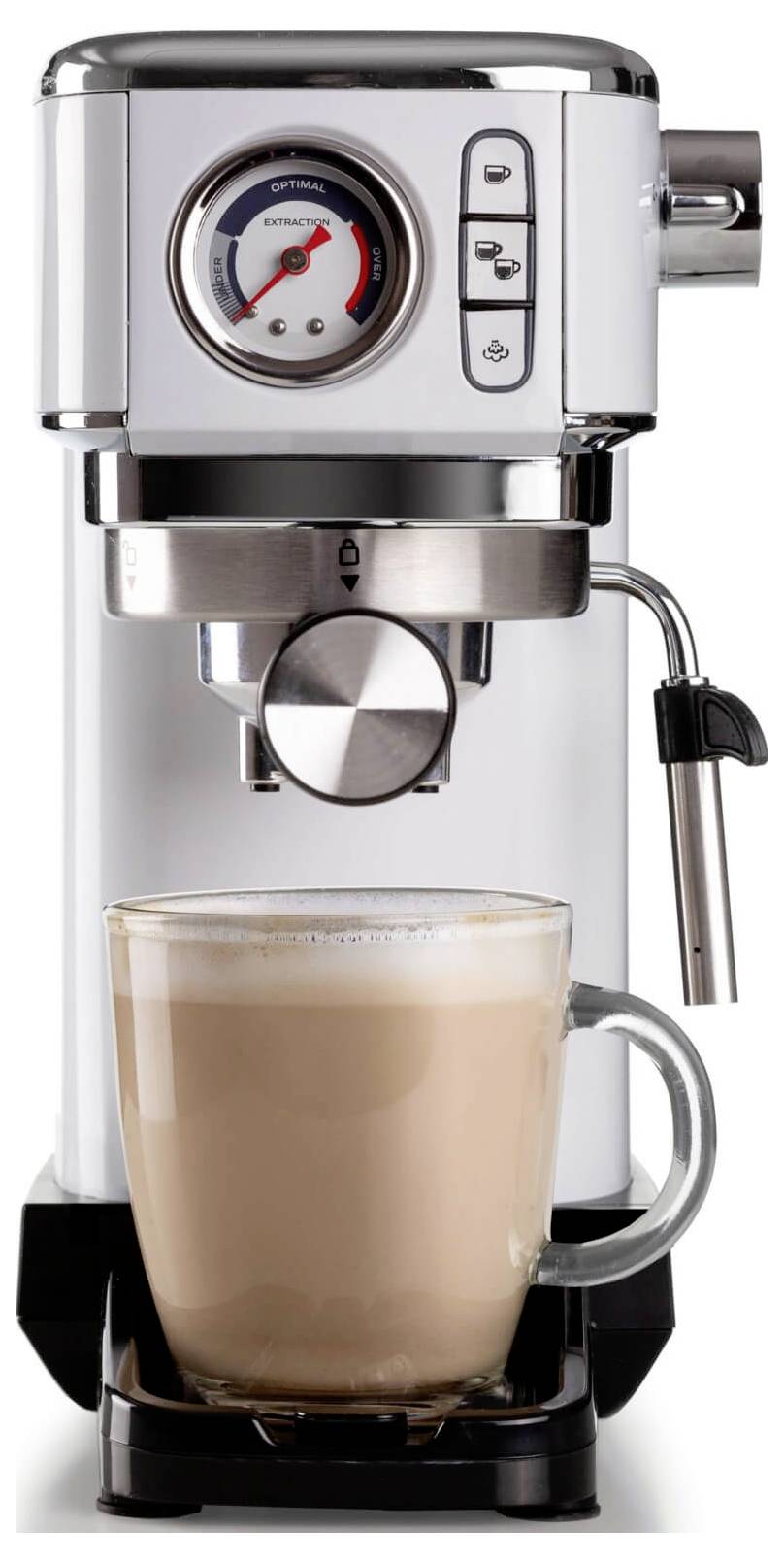 Roestvrijstalen espressomachine die koffie in een glazen mok zet, met een drukmanometer en stoomstang zichtbaar.