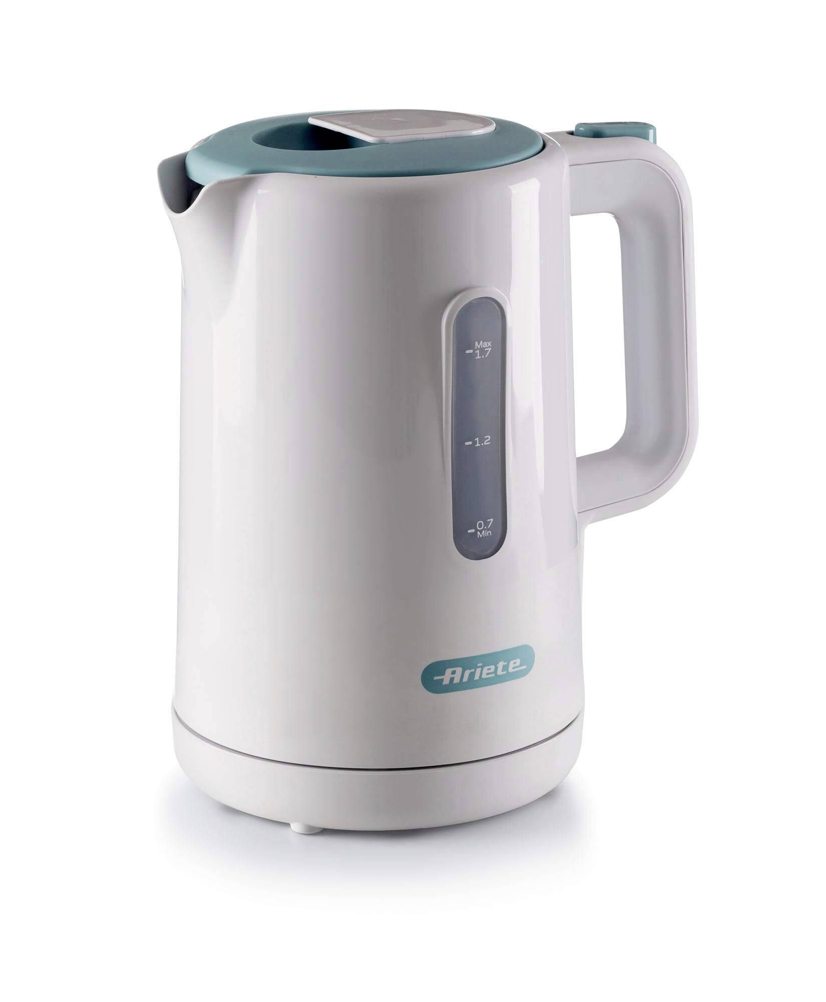 Witte elektrische waterkoker met tealkleurig deksel en handvat, waterpeilvenster en Ariete-logo op een effen achtergrond.