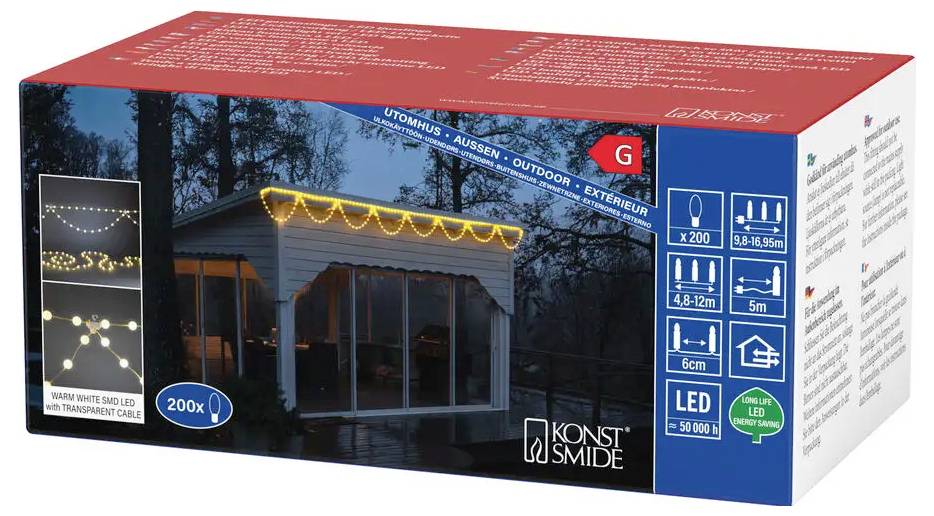 Verpakte Konst Smide outdoor LED-lichtketting voor een huis of patio, gelabeld met '200x', met productfoto's en functie-pictogrammen op de verpakking.