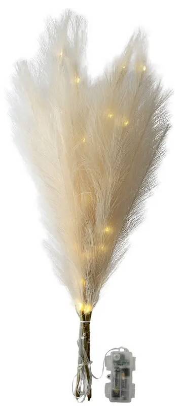 Batterijgevoede decoratieve rietachtige lichtspray met warm witte LED's op een transparante achtergrond.
