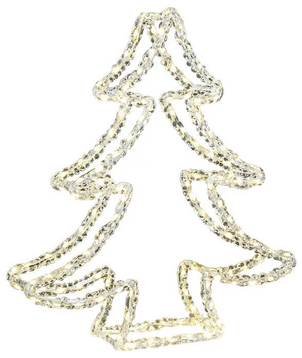 Een glinsterende omtrek van een kerstboom gemaakt van ineen gestrengelde zilveren en gouden kralenslinger op een witte achtergrond.