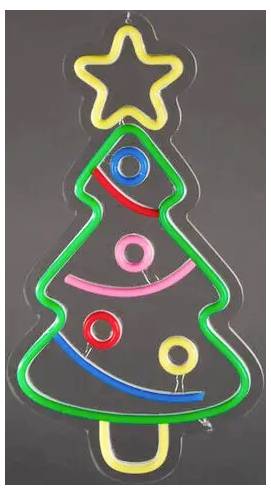 Neon-stijl contour van een kerstboom met een ster op de top en gekleurde ronde versieringen op een donkere achtergrond.