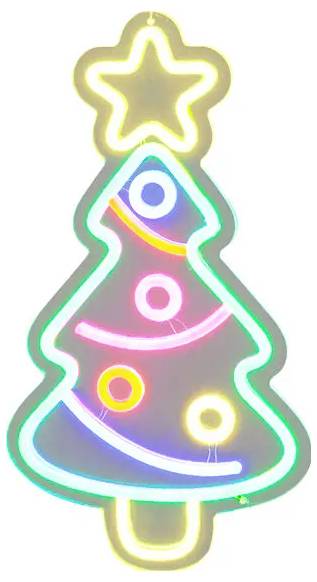 Neon kerstboom met een gloeiende ster bovenop en gekleurde lampen op de takken.