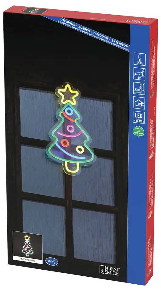 In doos verpakte hangbare LED-neontuin voor aan het raam in de vorm van een kerstboom met gekleurde omtrek en een ster als topper, afgebeeld op de productVERPAKKING.