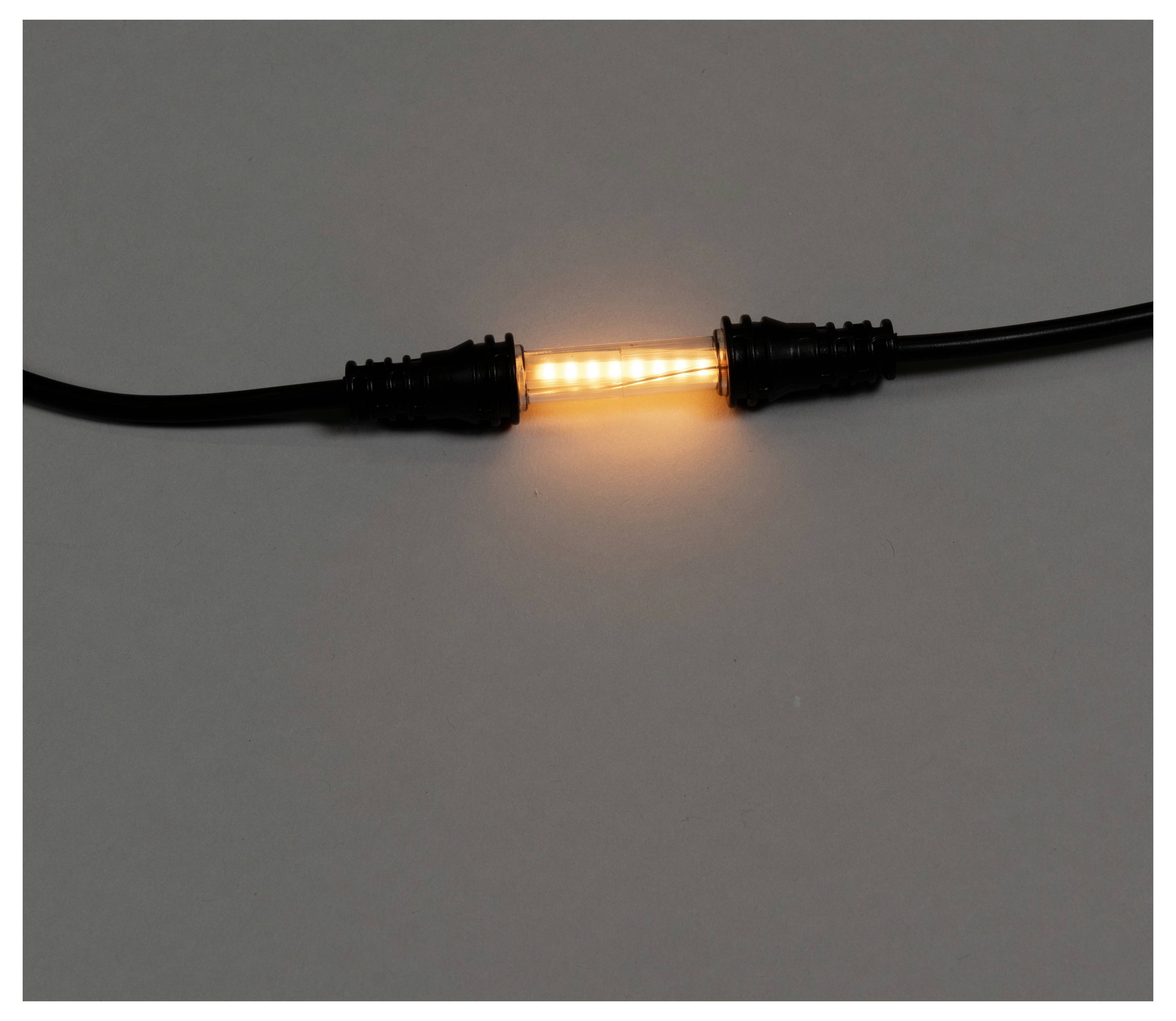 Een close-up van een zwarte kabel met een gloeiendsegment met oranje LED-licht dat twee connectoren op een grijs oppervlak verbindt.