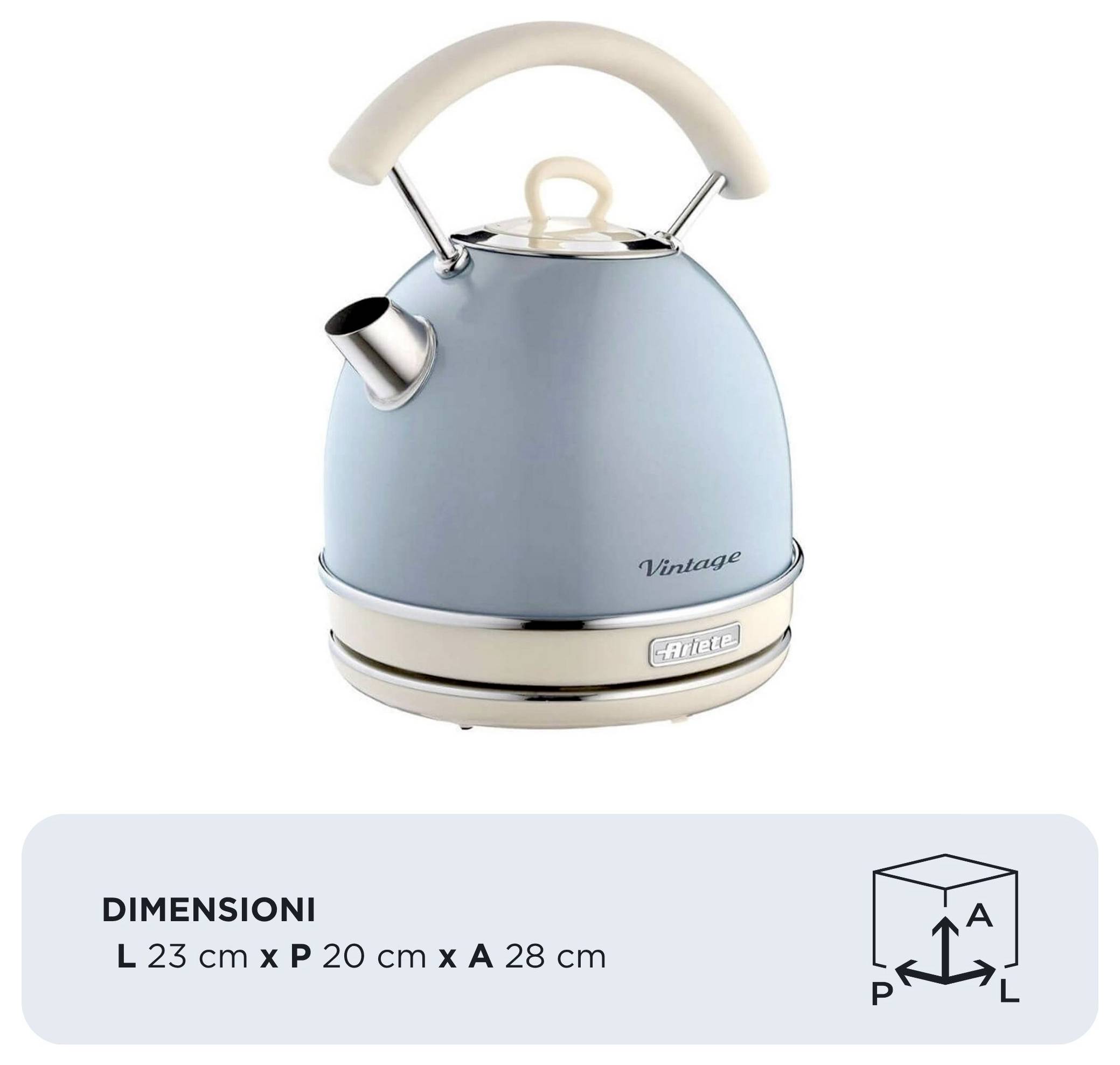 Lichtblauwe retro elektrische waterkoker met crème handvat en chromen voet; productafmetingen aangegeven als L 23 cm x P 20 cm x H 28 cm.