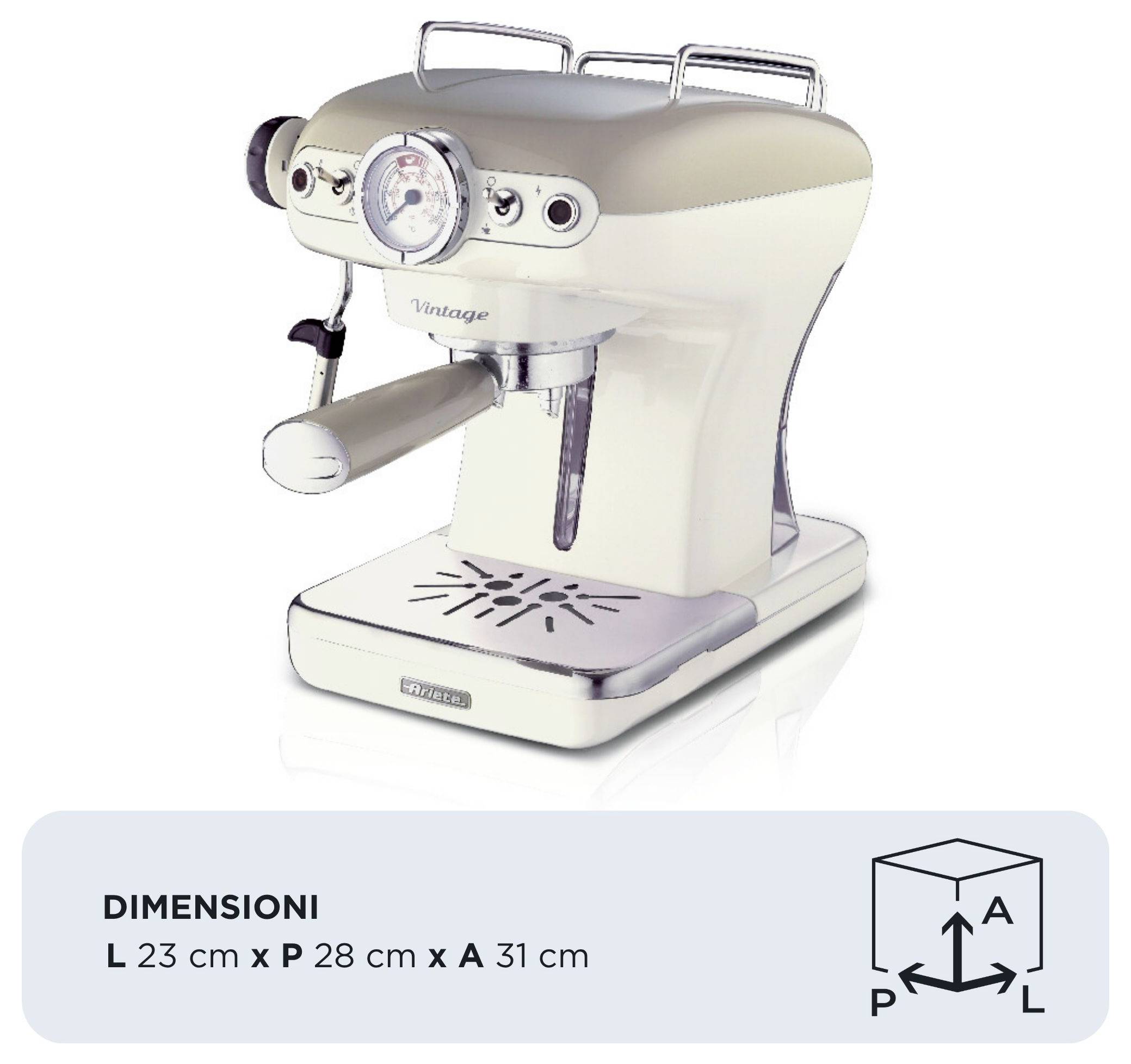 Espressomachine in vintage stijl in crème en zilver; afmetingen 23 cm breed, 28 cm diep, 31 cm hoog.