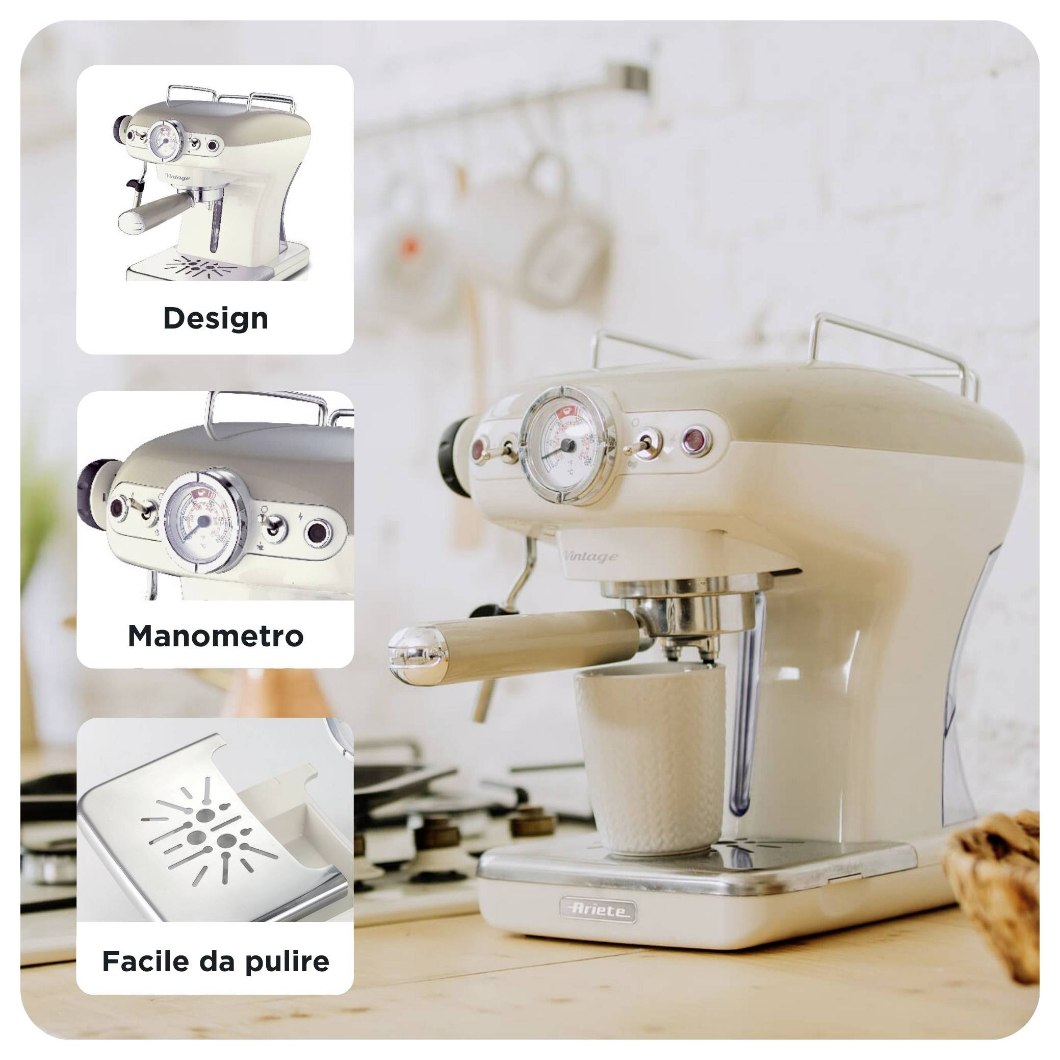 Crèmekleurig espressomachine op een keukenblad, met ingevoegde bijschriften met labels 'Ontwerp', 'Manometer' en 'Makkelijk schoon te maken'.