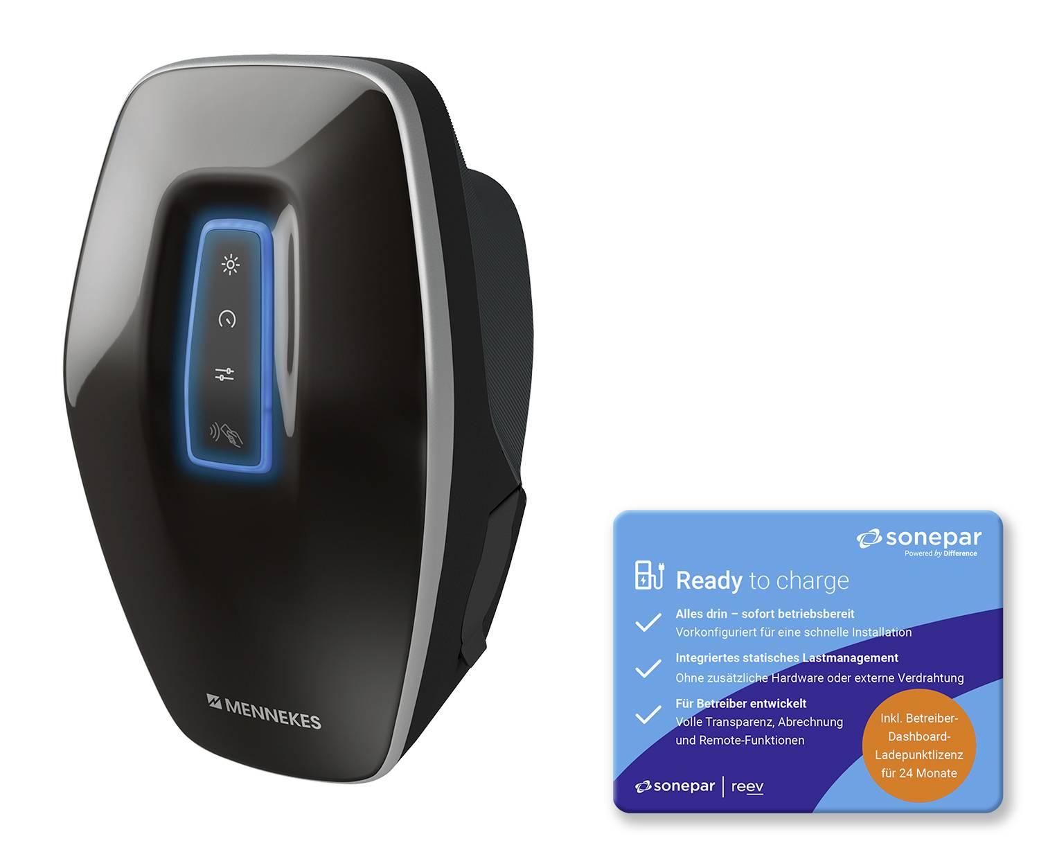 Zwarte aan de muur gemonteerde elektrische voertuiglaadpaal met blauw verlichte bedieningselementen; promotikaart met de tekst 'Klaar om op te laden' en benadrukt slimme functies voor een volledig verbonden laadstation.