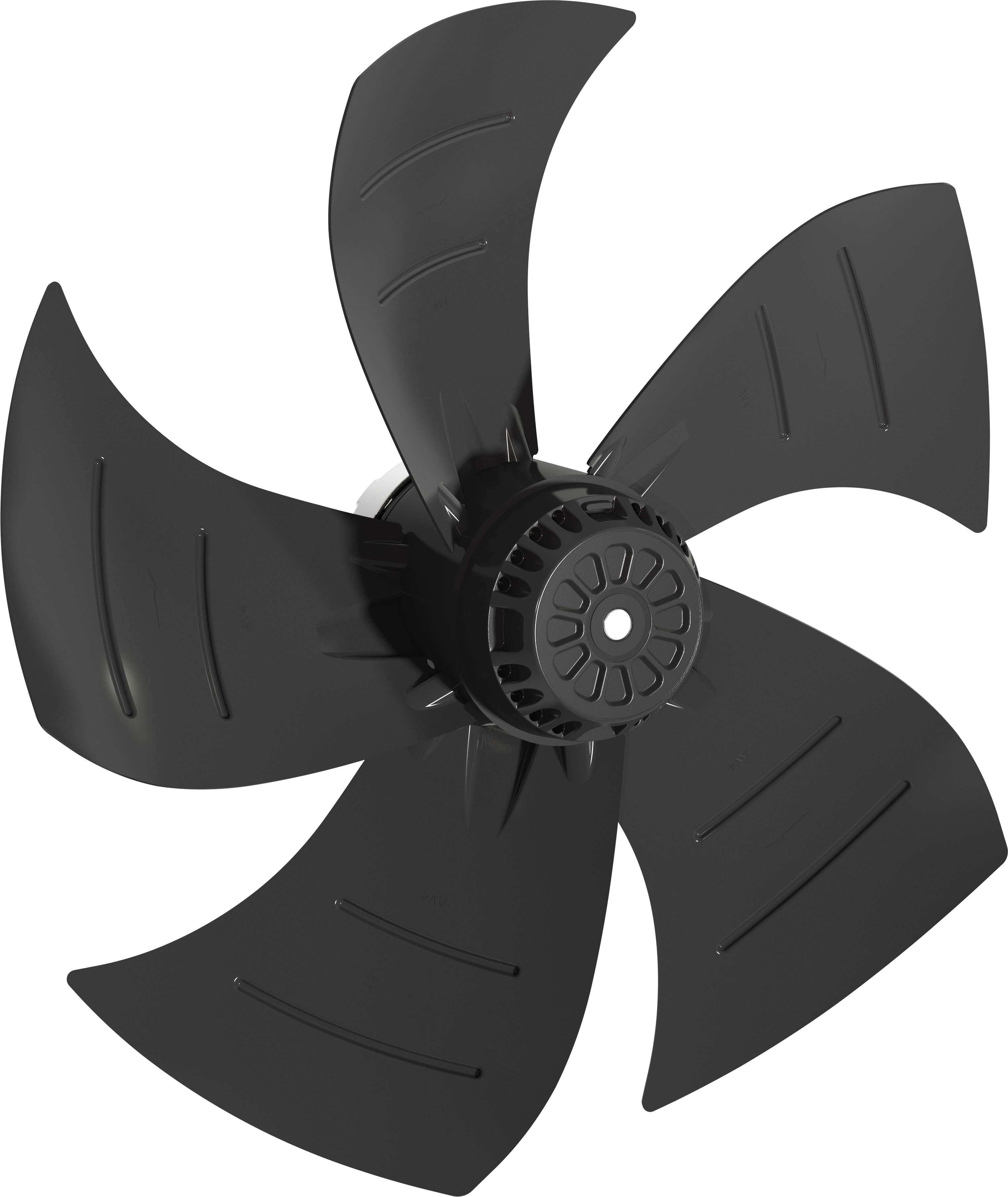 Zwart vijfblads ventilatorpropeller geïsoleerd op een witte achtergrond.