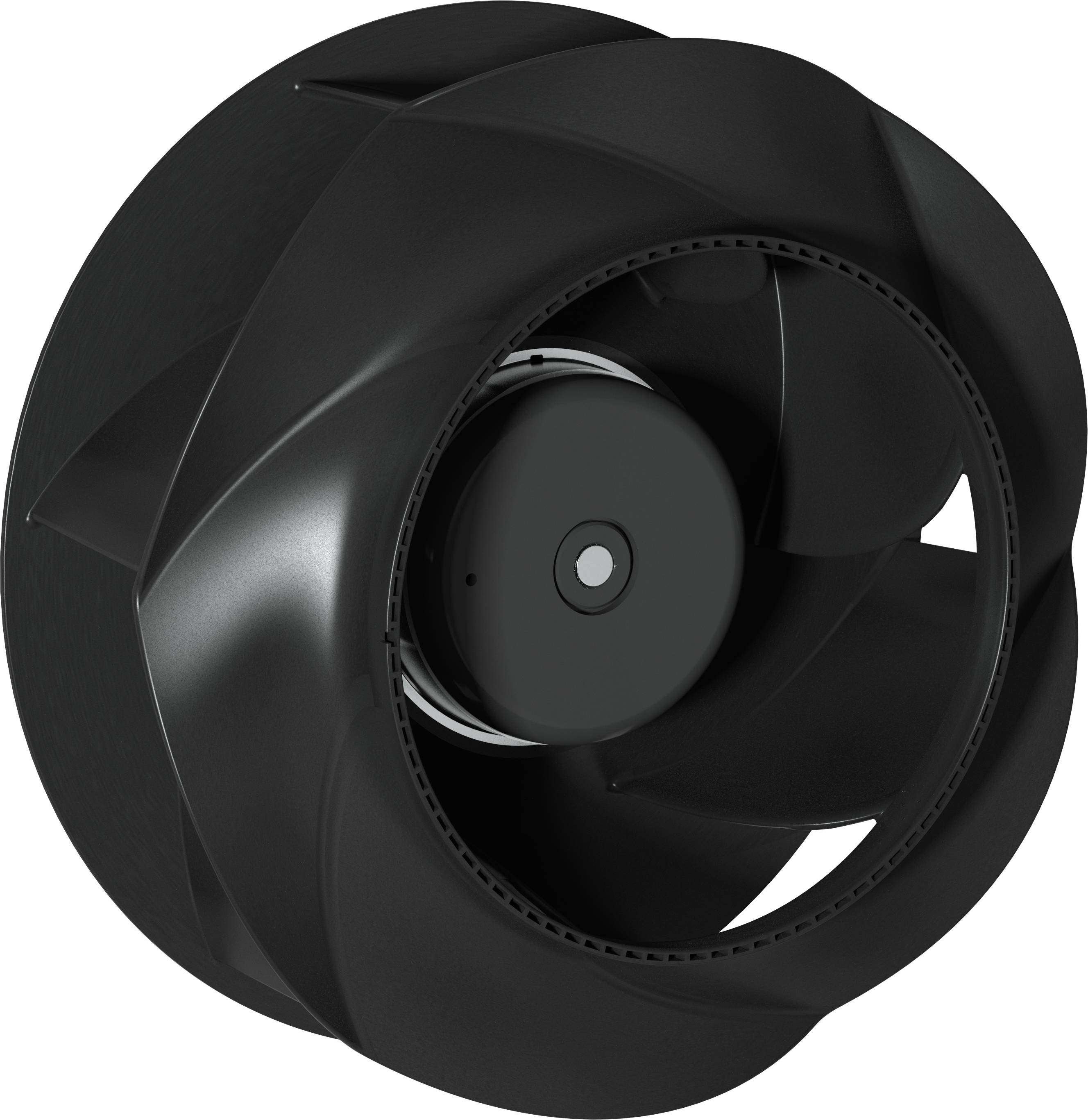 Zwarte axiale koelventilator van voren gezien, met de centrale hub en gebogen bladen in een ronde behuizing.