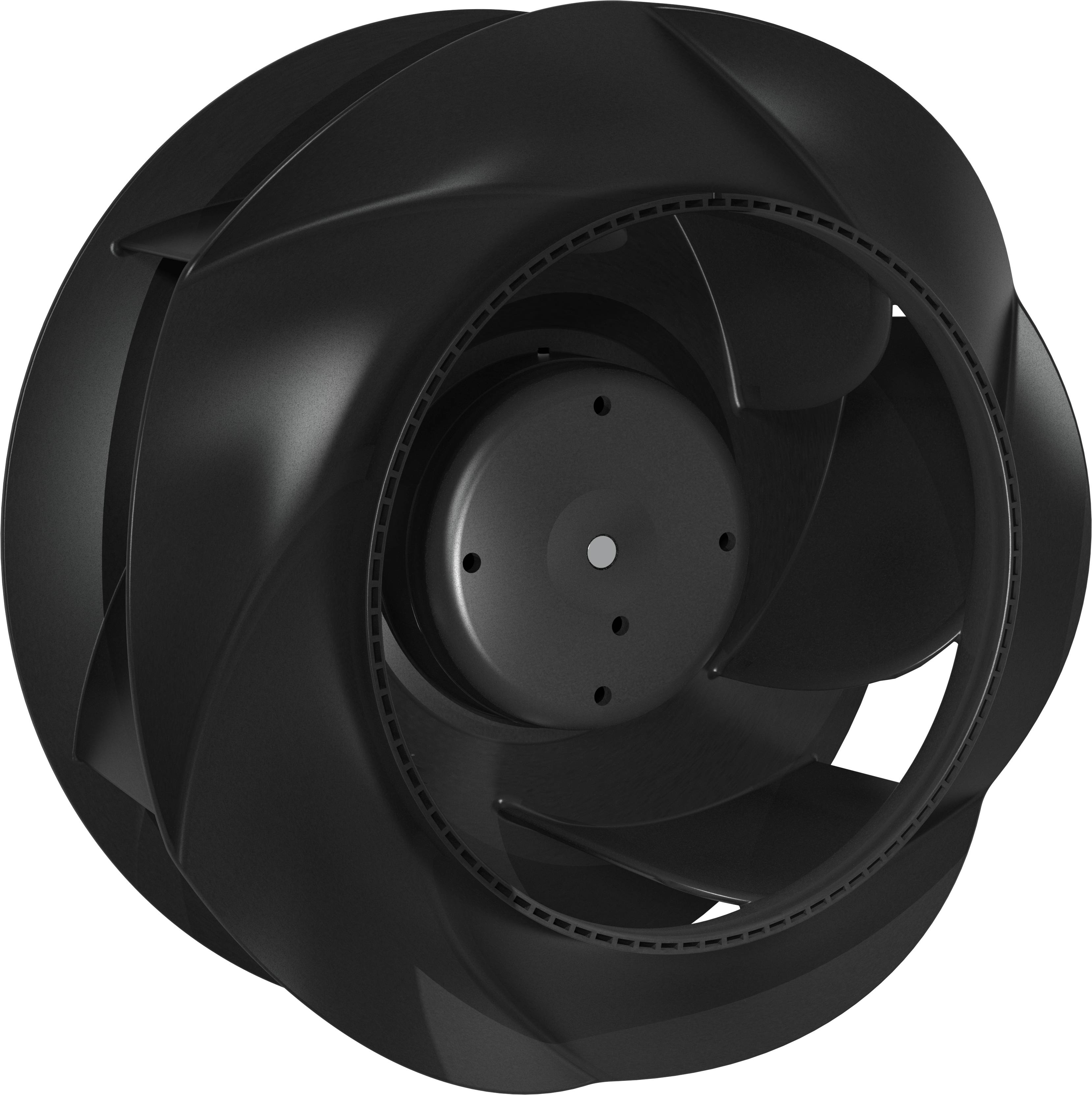 Zwart centrifugaal ventilatorwiel met gebogen schoepen, weergegeven in vooraanzicht op een witte achtergrond.