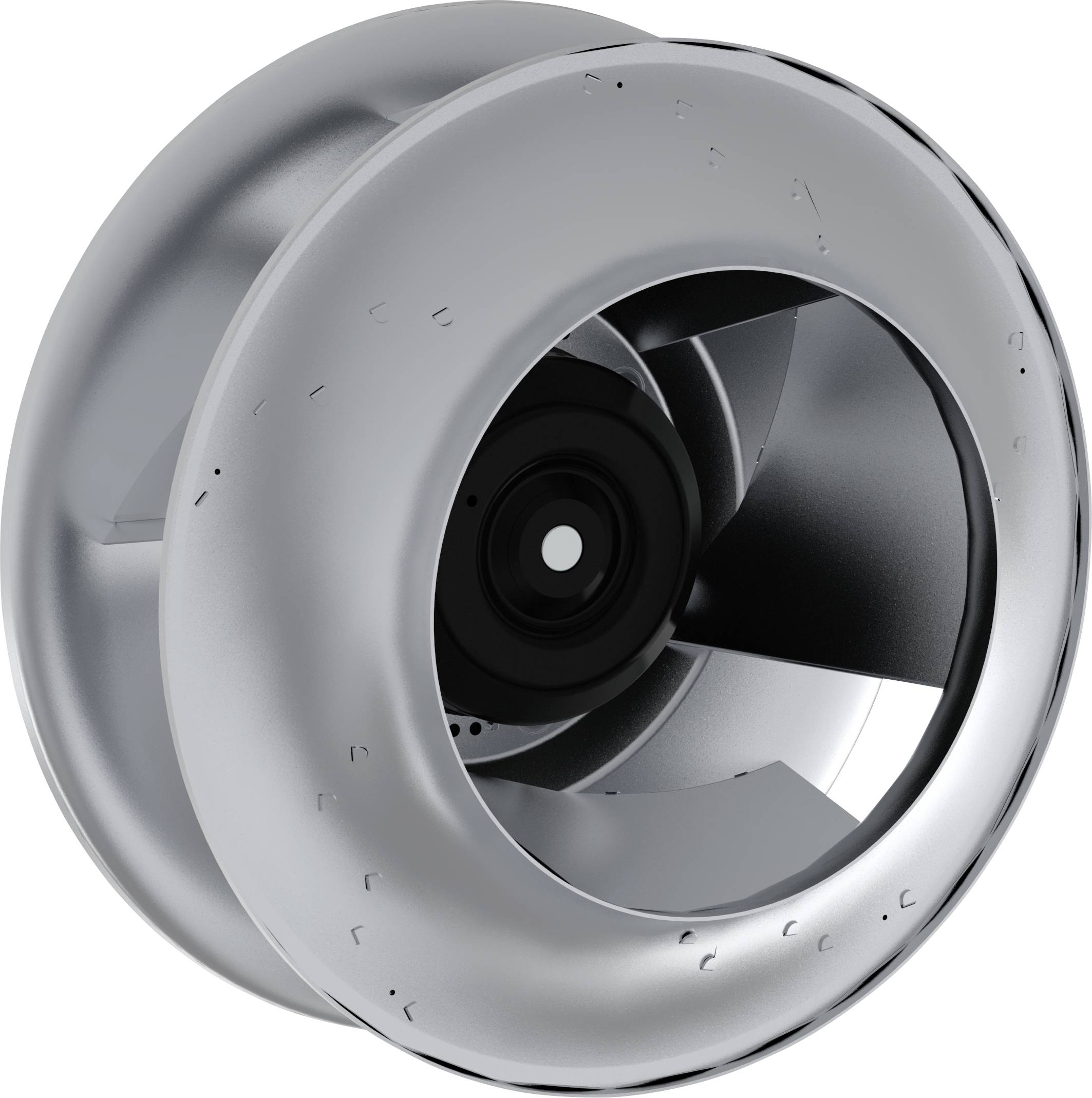 Close-up van een metallieke turbolader-impeller met een circulaire behuizing en zichtbare ventilatorbladen op een witte achtergrond.