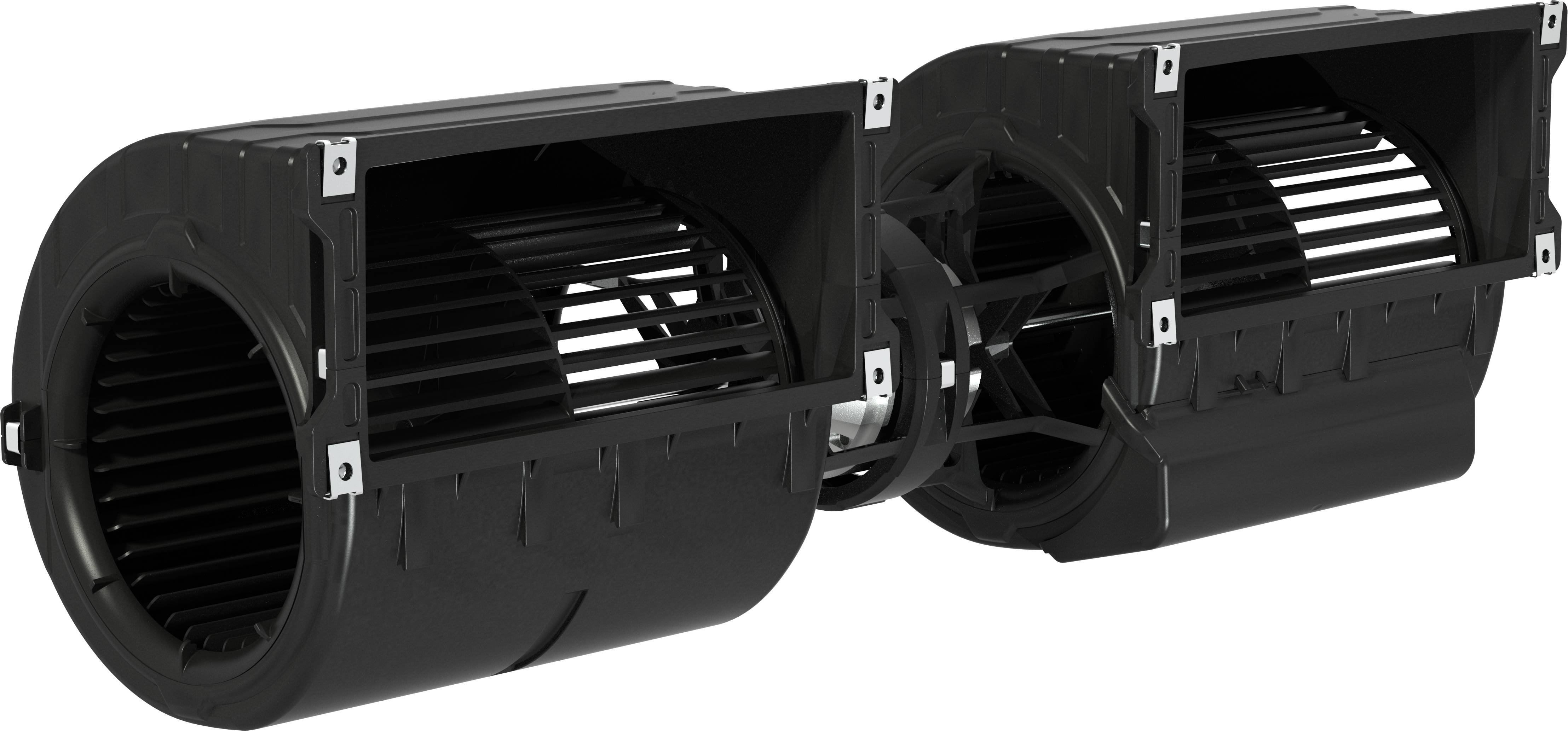 Zwarte dubbele centrifugale blaas-/ventilatorassemblage met twee cilindrische behuizingen en centrale motorkoppeling, getoond op een witte achtergrond.