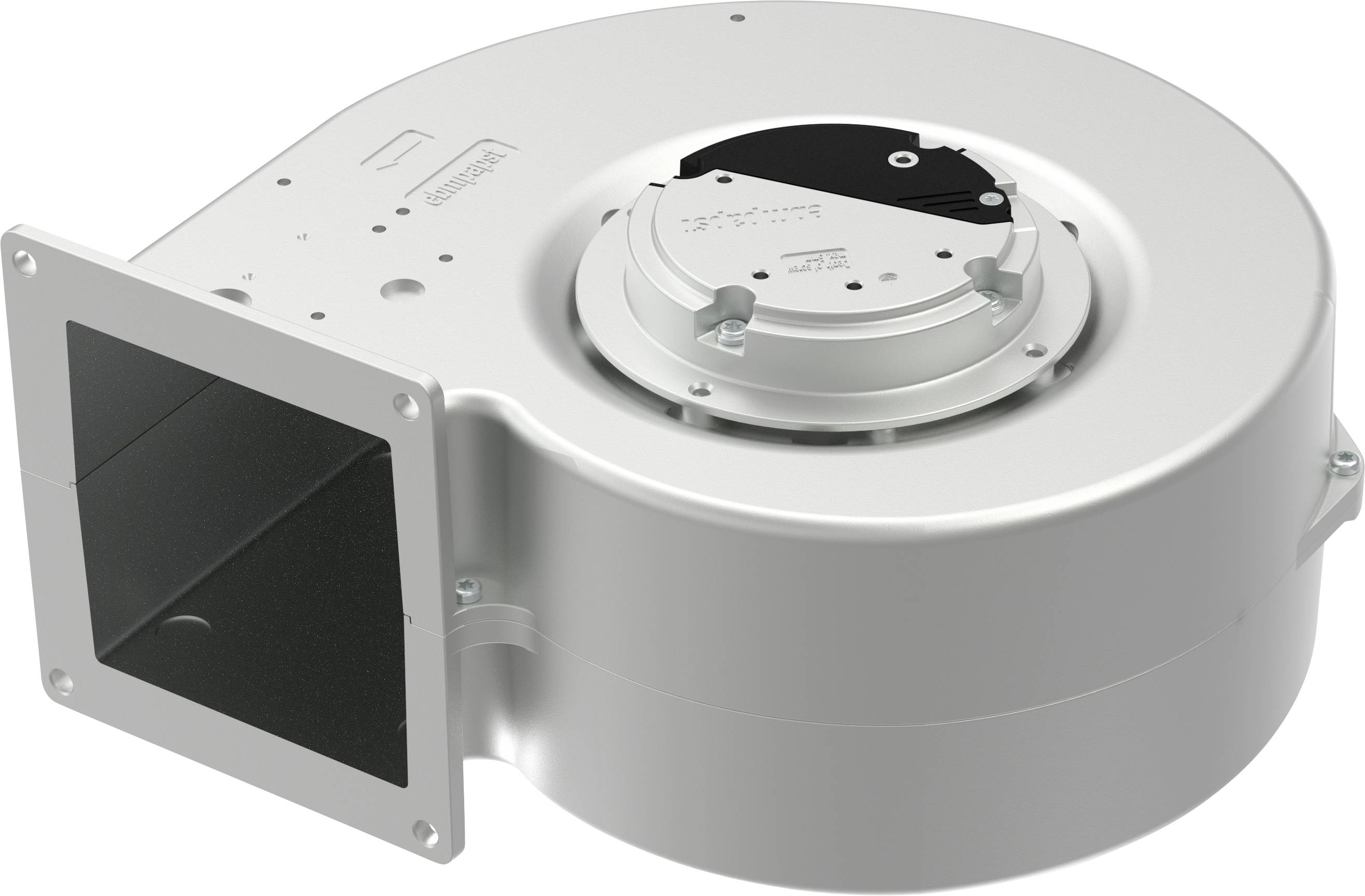Zilveren industriële ventilator of blaastoestel behuizing met vierkante kanaalaansluiting en ronde bovenmontage, weergegeven op een witte achtergrond.
