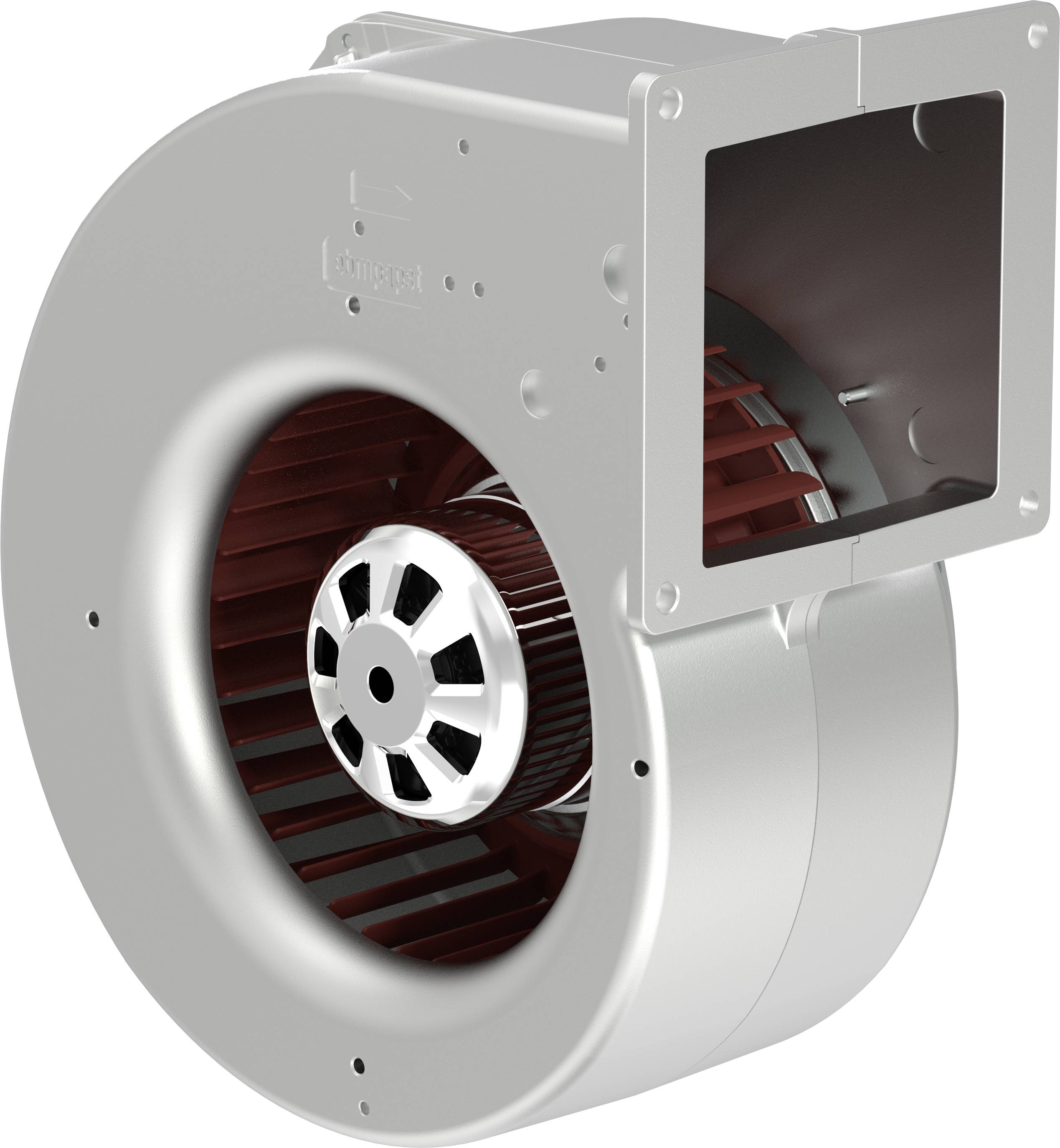 Industriële blaasventilatorbehuizing met zichtbare rode impeller en vierkante uitlaatopening, weergegeven in een 3D-productweergave op witte achtergrond