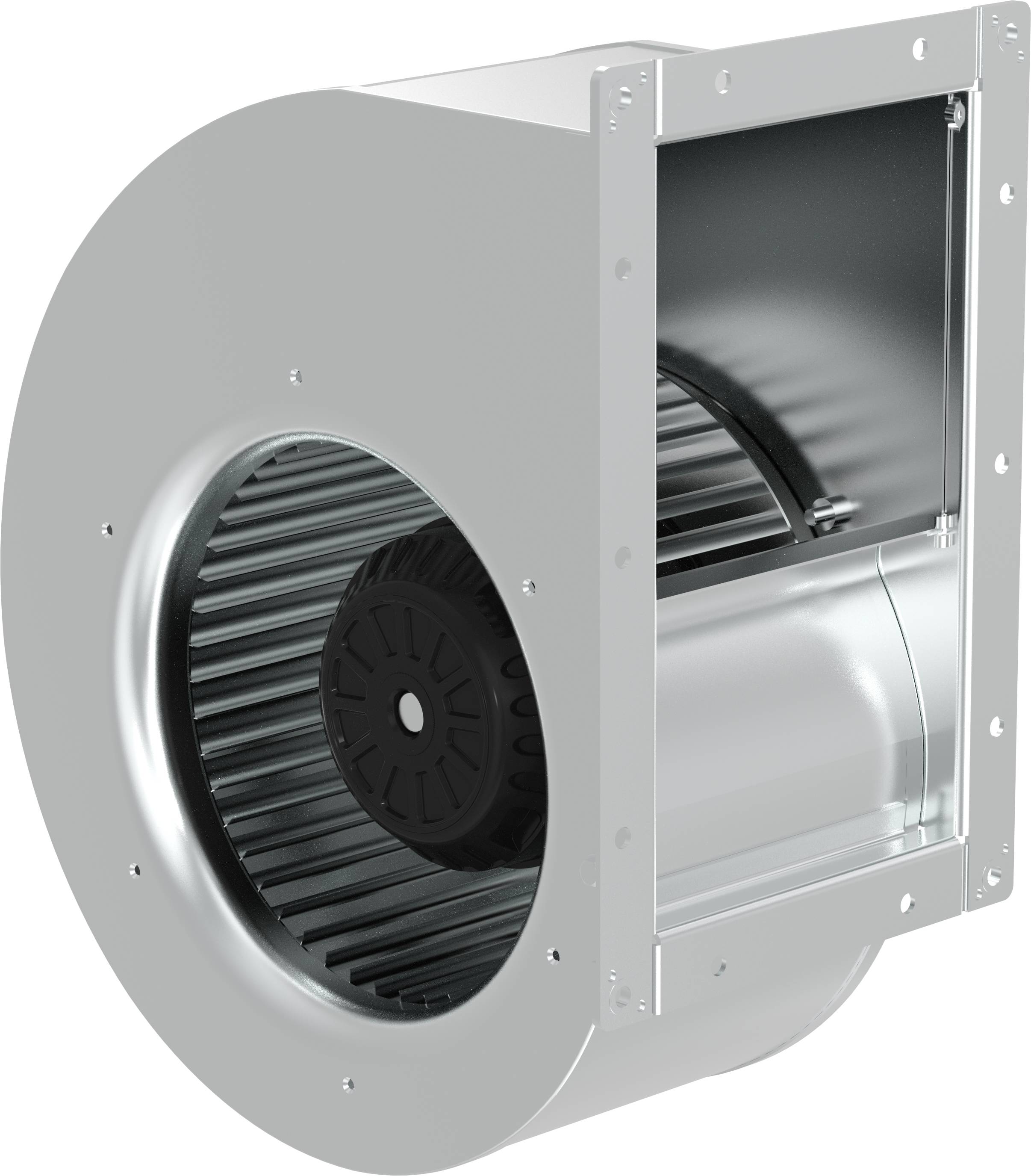 Metalen HVAC-blaasventilatorbehuizing met een cirkelvormige inlaat en zichtbare interne ventilatorbladen, weergegeven in een dwarsdoorsnedeweergave.