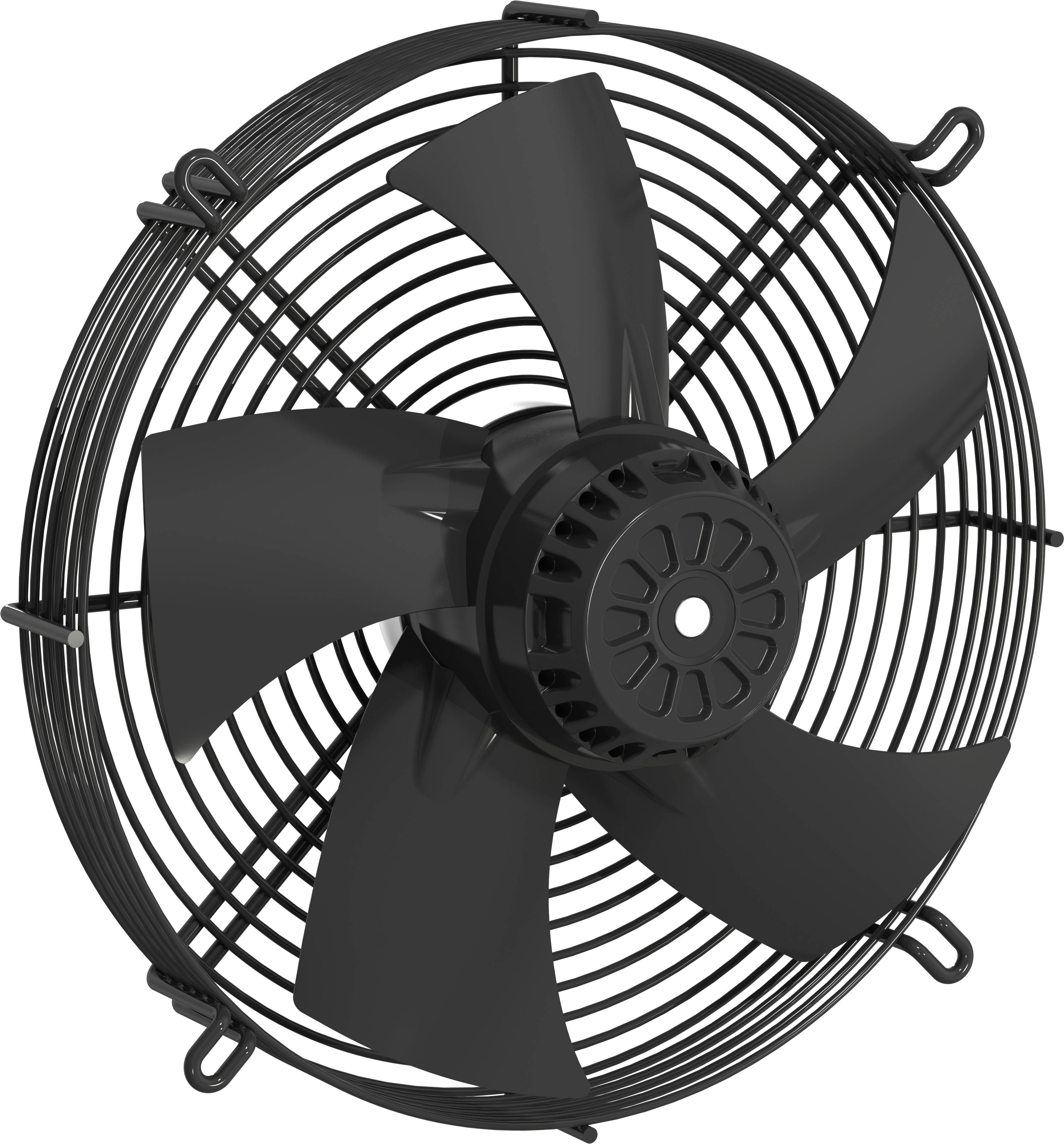 Zwarte industriële ventilator met vijf bladen en een cirkelvormig draadgaas op een witte achtergrond.