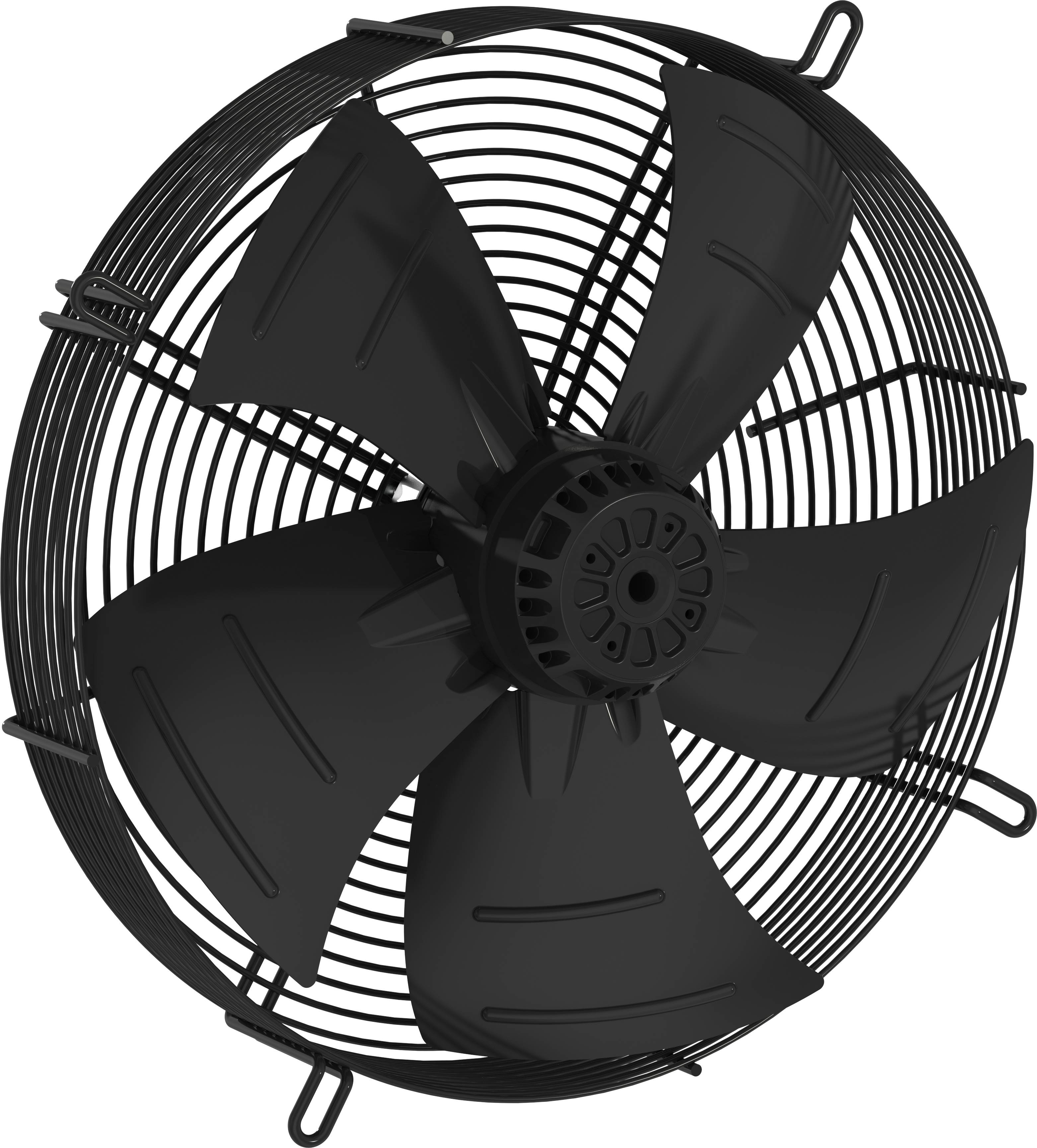Zwarte industriële wandventilator met vijf bladen in een ronde draadgaas veiligheidsgril.